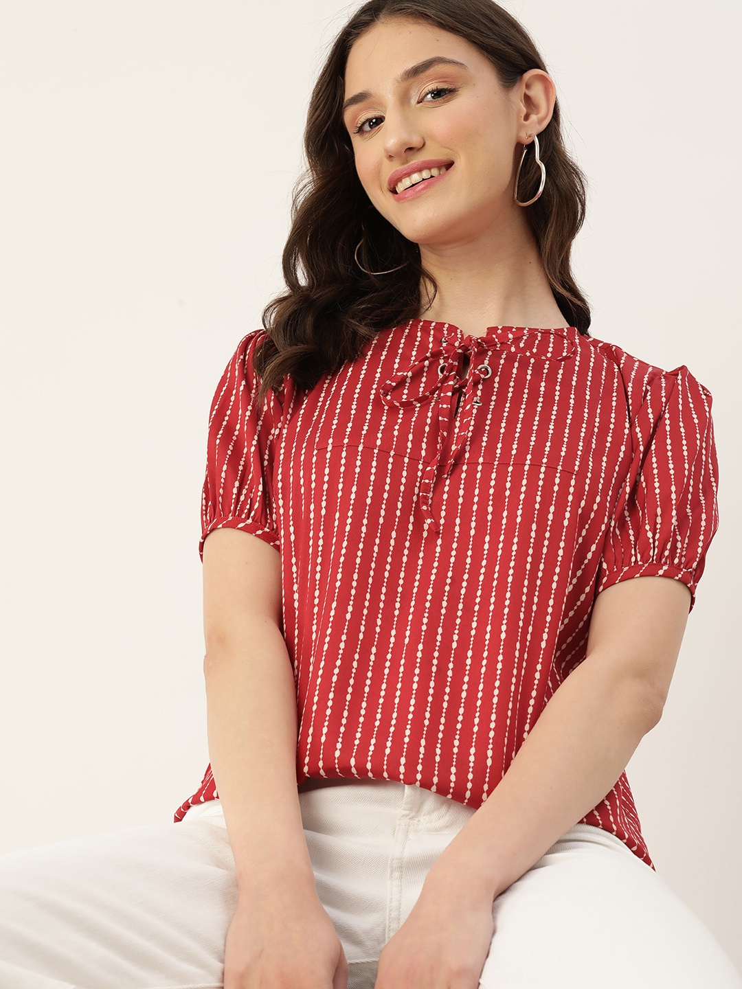 

DressBerry Striped Tie-Up Neck Puff Sleeve Top, Red