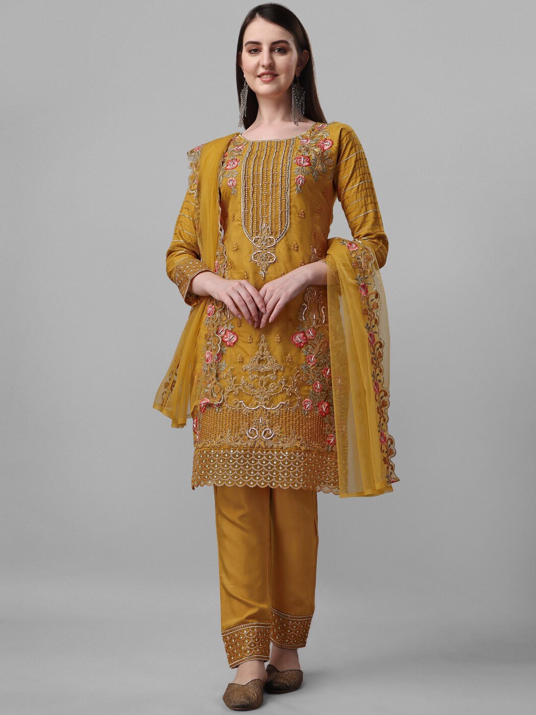 

JATRIQQ Floral Embroidered Beads & Stones Kurta with Trousers & Dupatta, Mustard