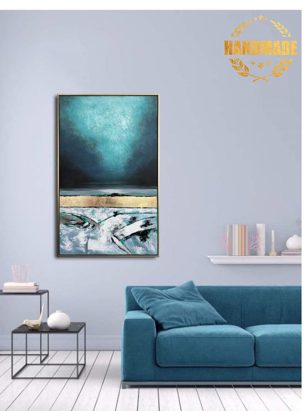 THE HANDMADE FLAIR Teal Green Minimalist Painting Wall Art