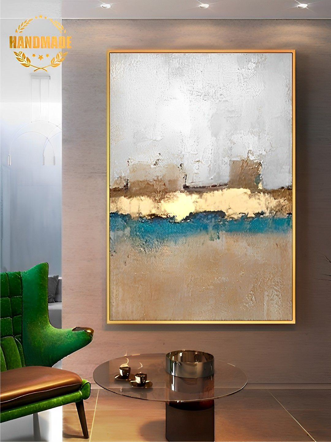

THE HANDMADE FLAIR White & Golden Colored Abstract Painting Wall Art, Gold
