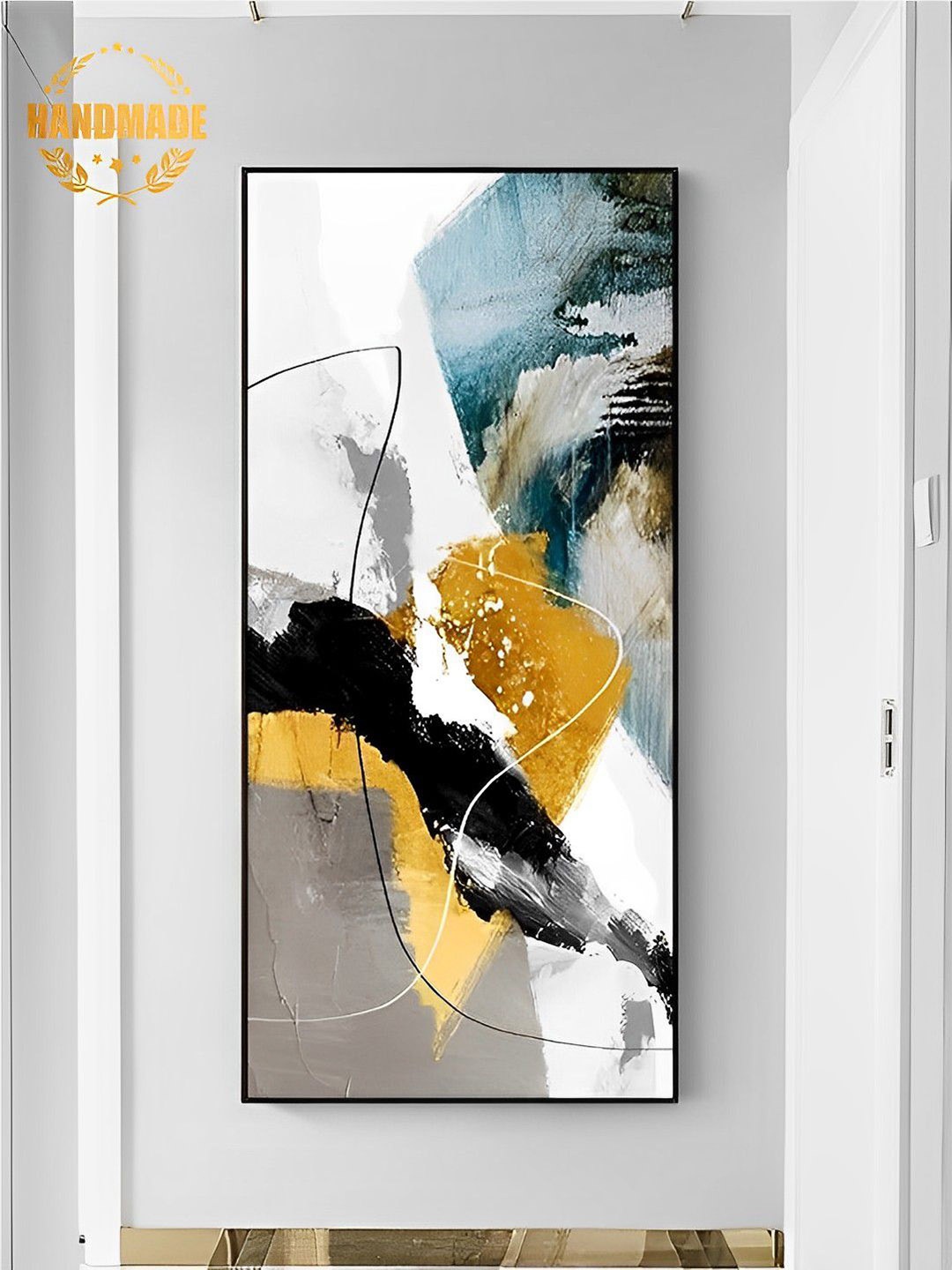 

THE HANDMADE FLAIR White & Golden Colored Abstract Painting Wall Art