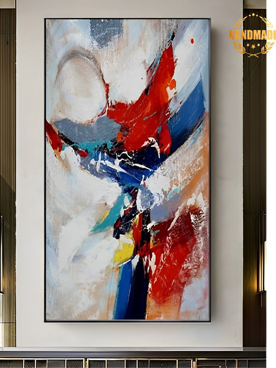 

THE HANDMADE FLAIR Red & Blue Vertical Modern Painting Wall Art