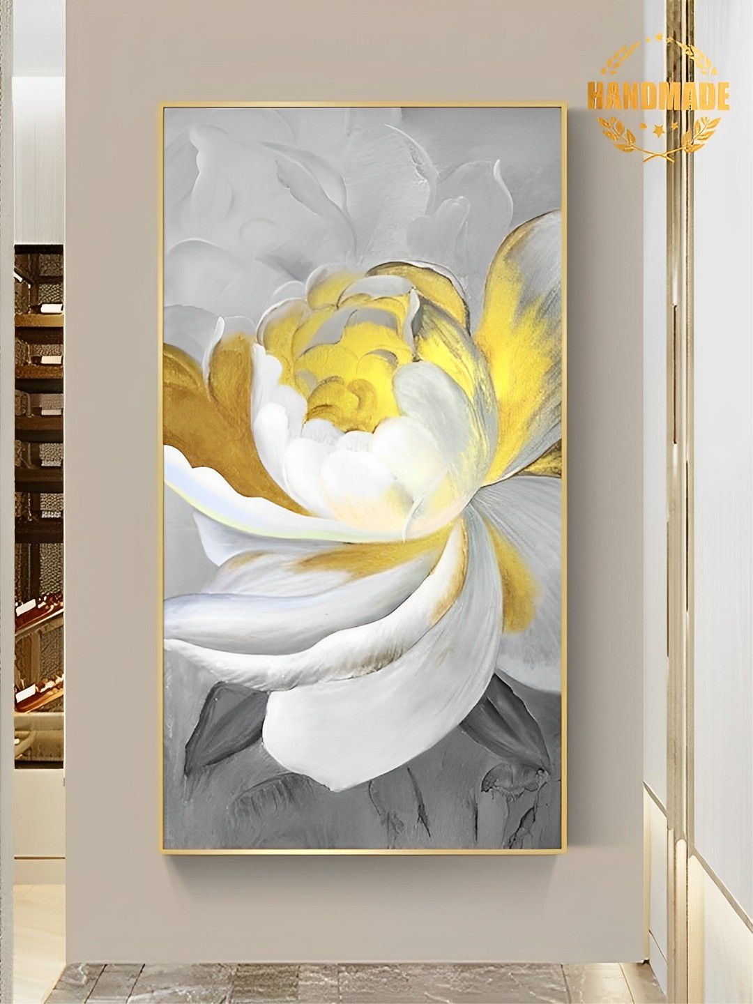 

THE HANDMADE FLAIR Grey & White Flower Lotus Golden Canvas Painting Wall Art