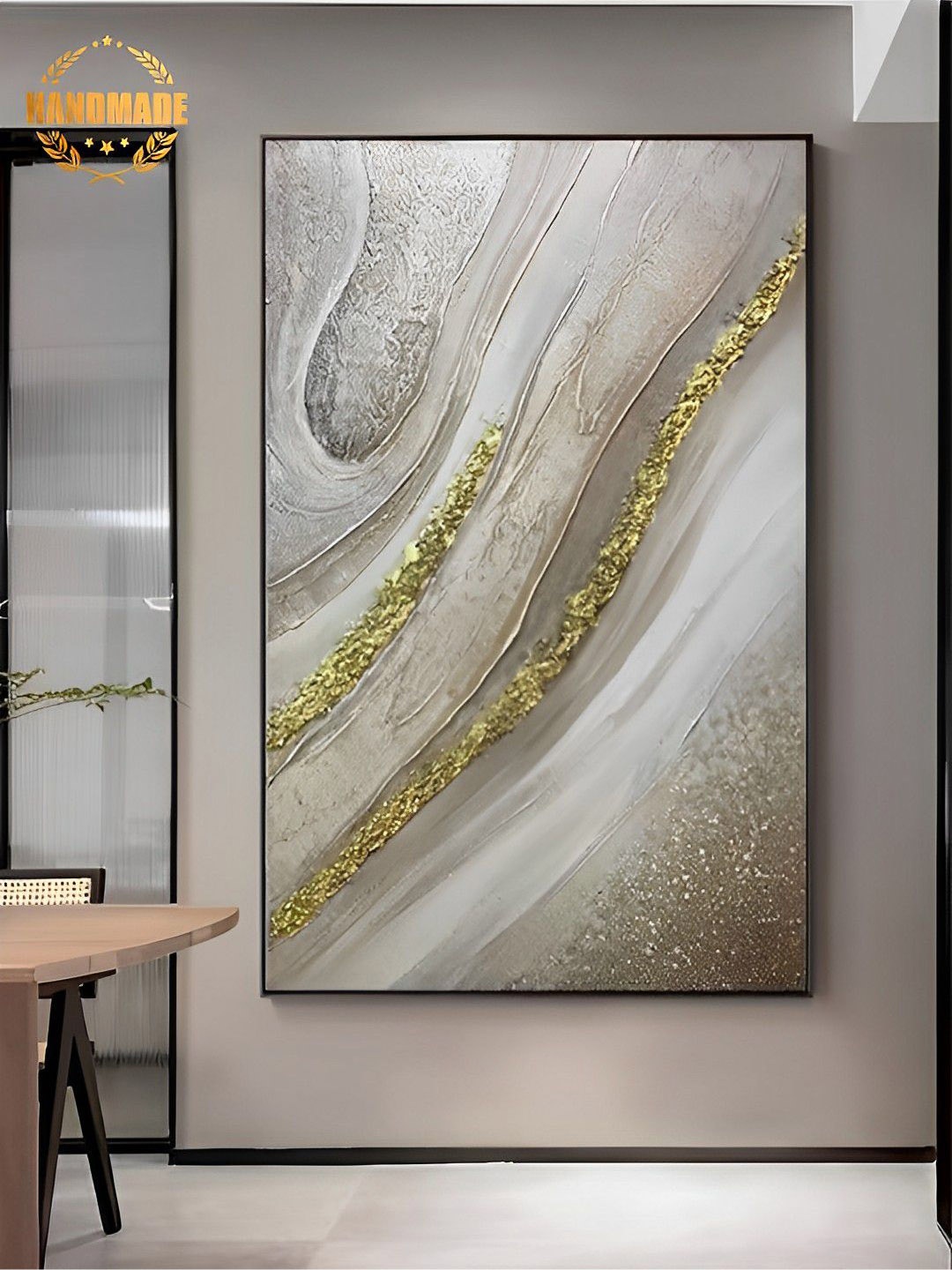

THE HANDMADE FLAIR Beige & Gold-Coloured 3D Texture Painting Wall Art