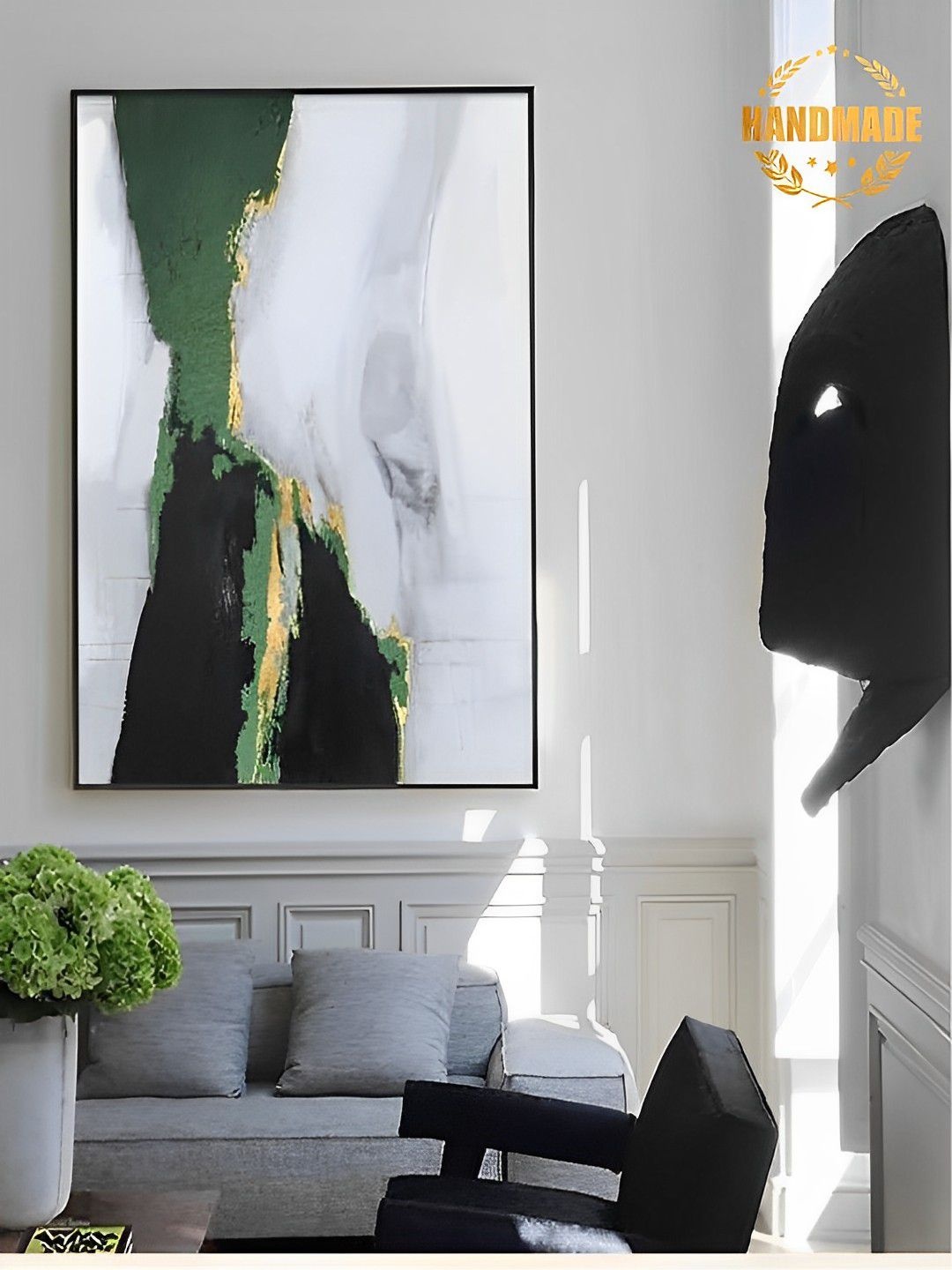 

THE HANDMADE FLAIR White & Green Abstract Painting Wall Art