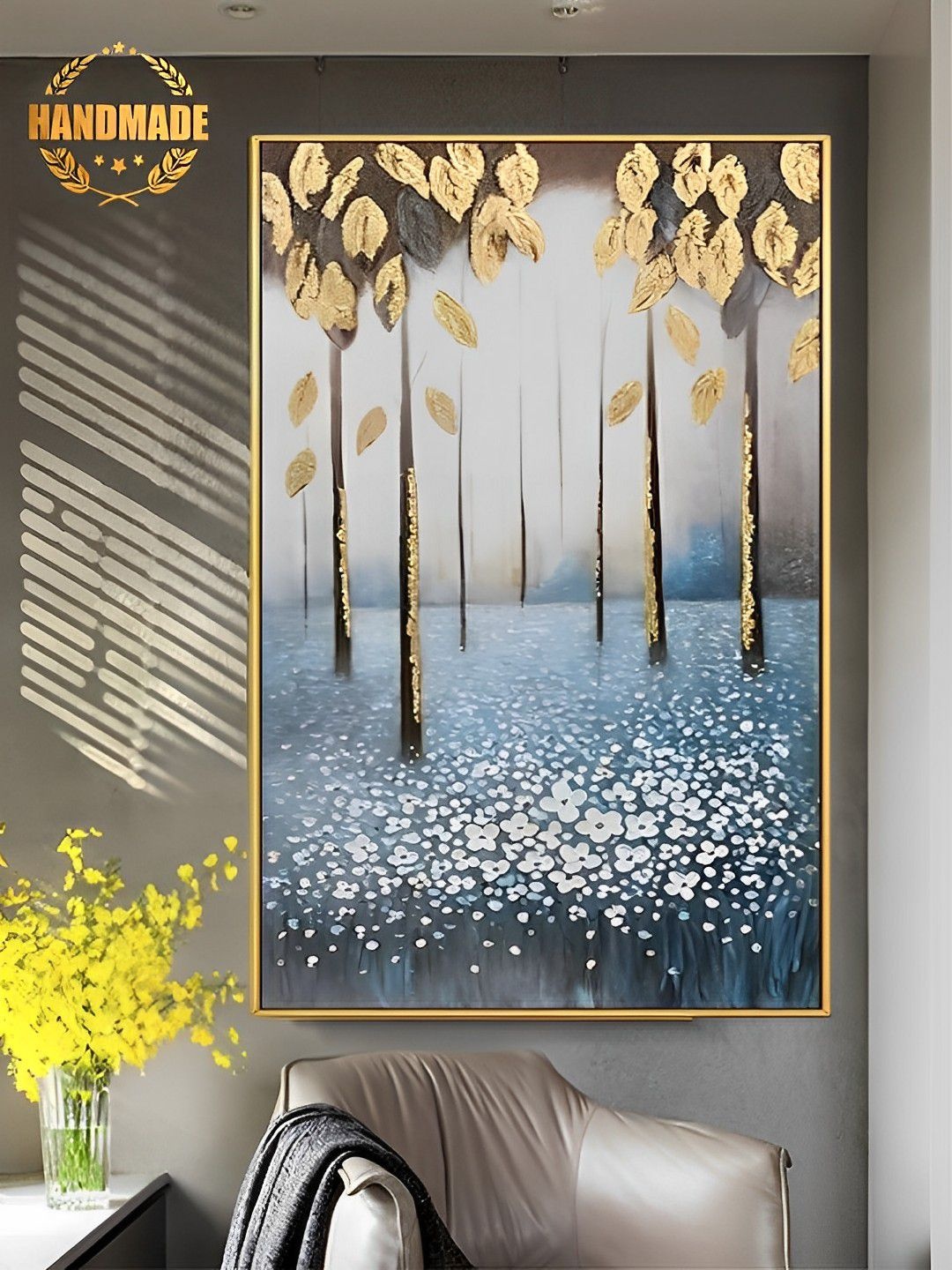 

THE HANDMADE FLAIR Blue & Brown Birch Tree Shiny Leaf Painting Wall Art