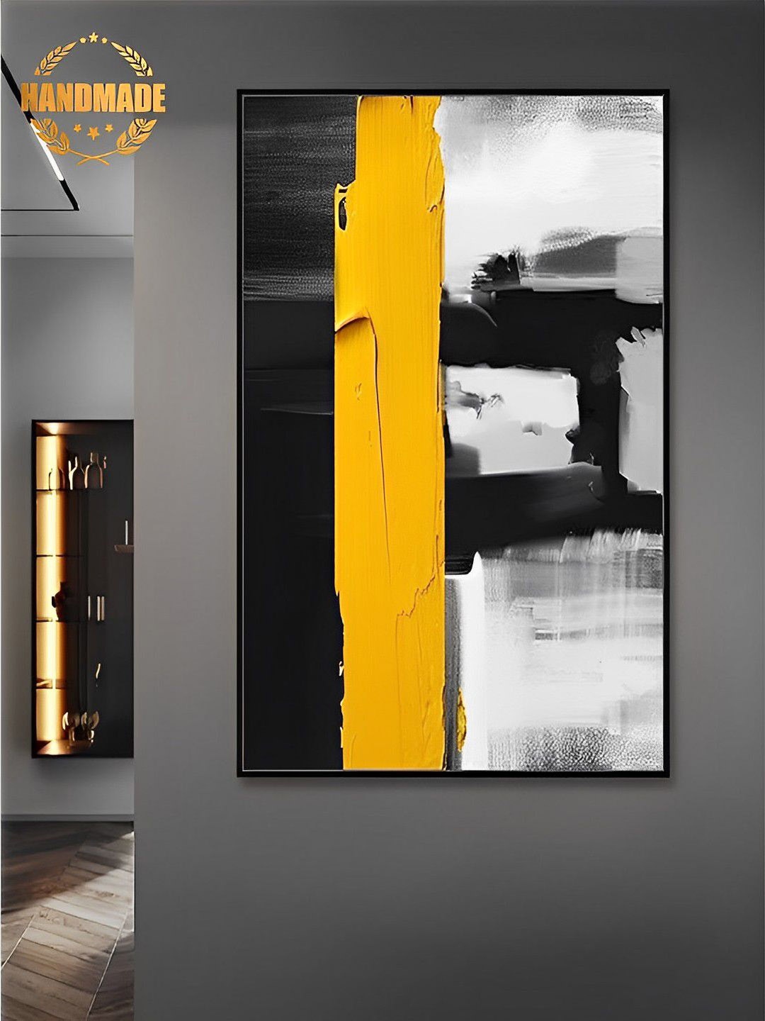 

THE HANDMADE FLAIR Black & Yellow Vertical Abstract Painting Wall Art