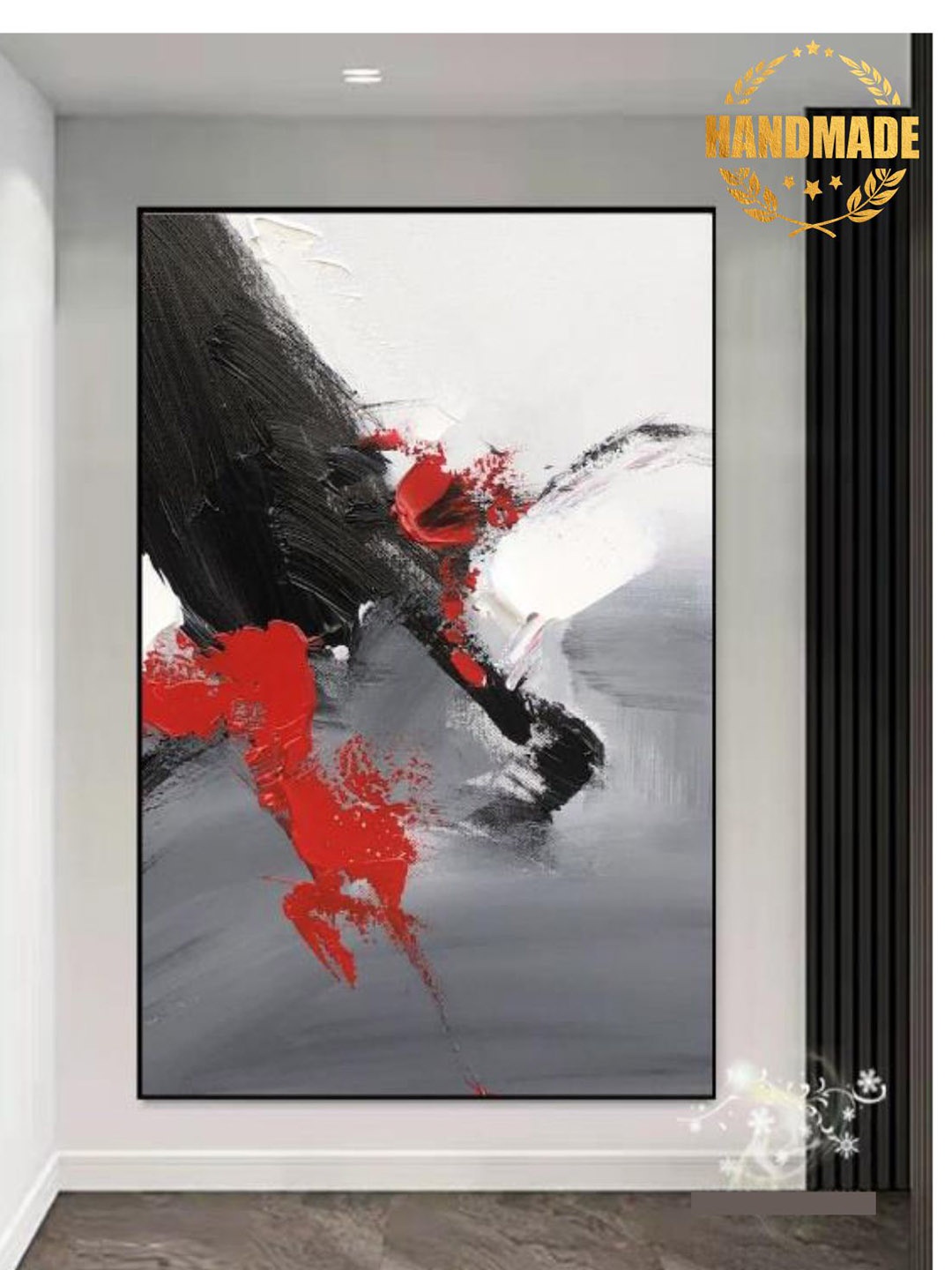 

THE HANDMADE FLAIR Grey & Red Abstract Painting 3D Texture Wall Art