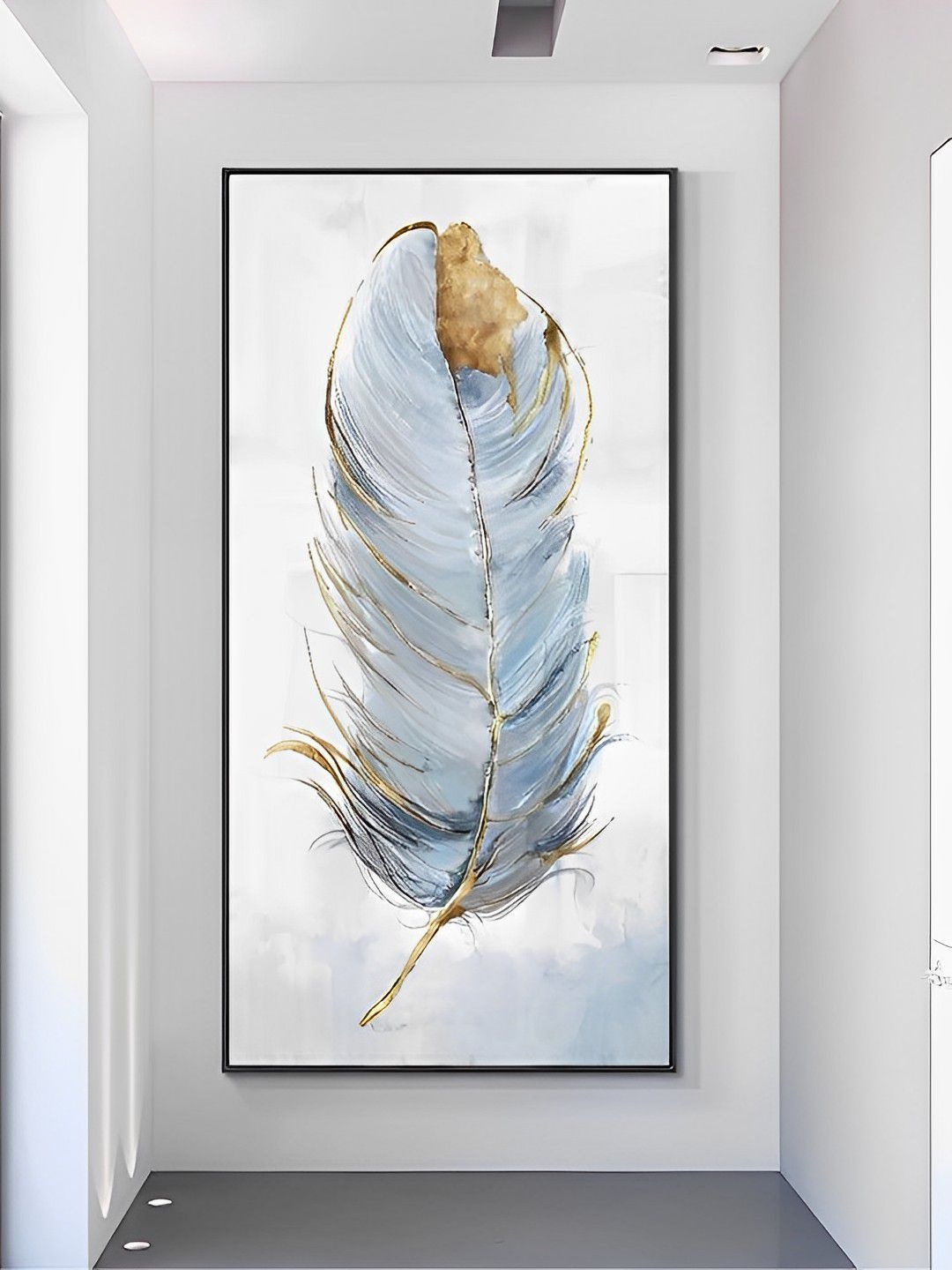 

THE HANDMADE FLAIR White & Blue Feather Painting Wall Art