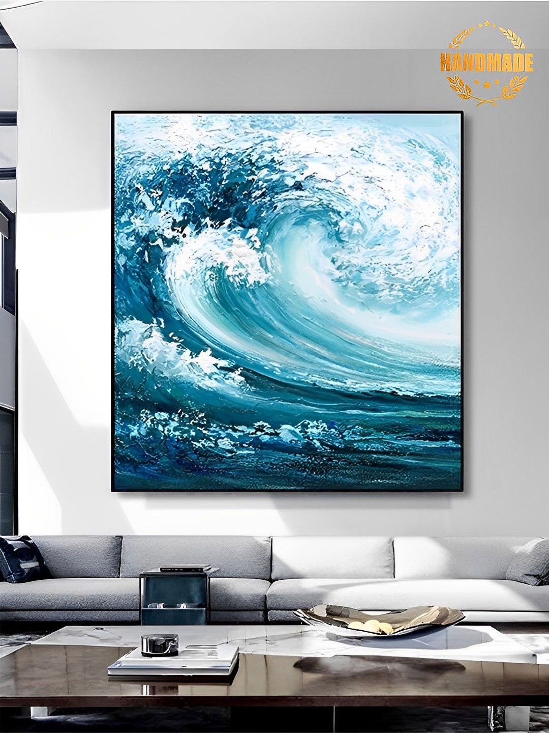 

THE HANDMADE FLAIR Blue & White Wave Painting Wall Art