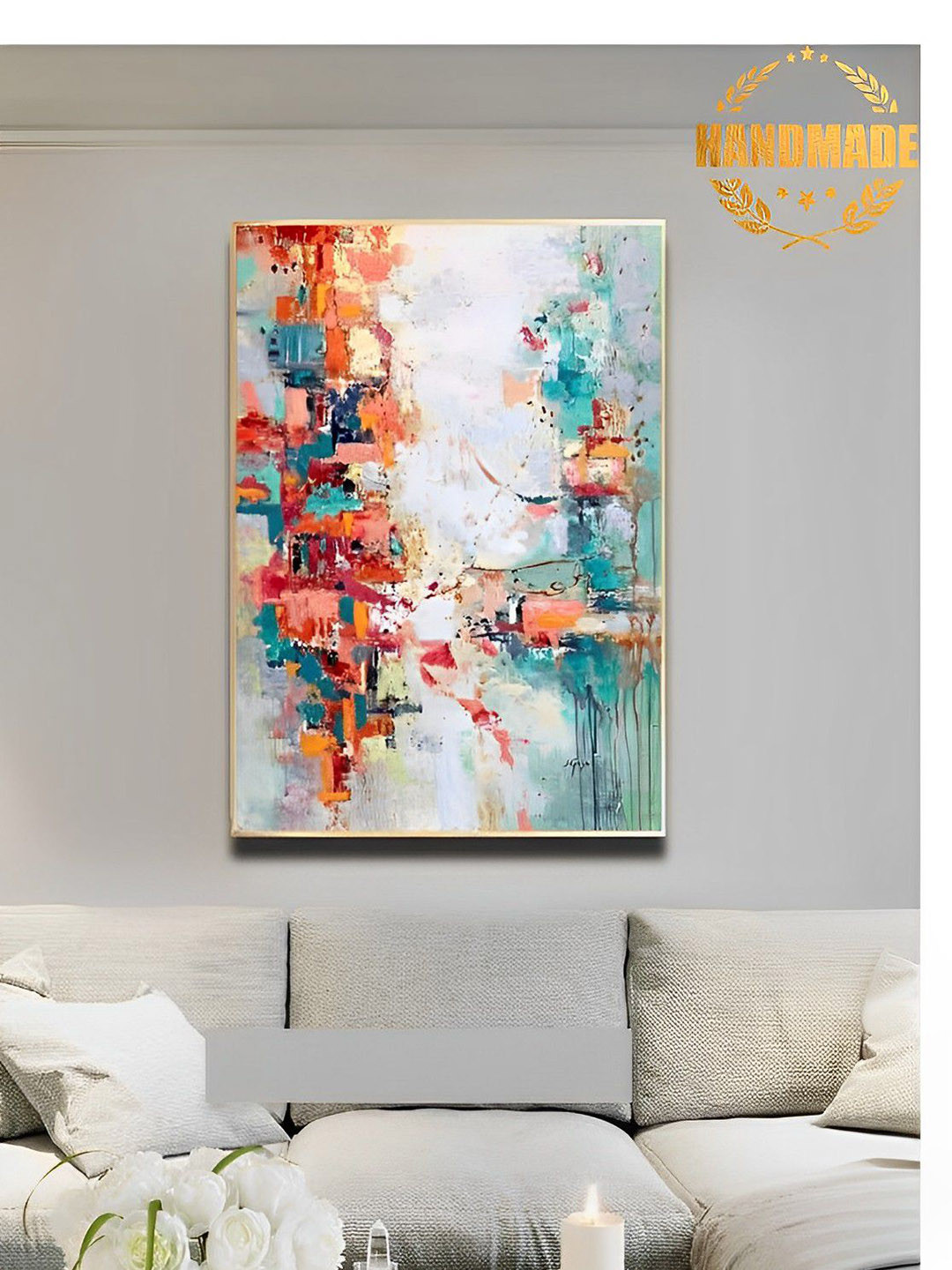 

THE HANDMADE FLAIR White & Blue Abstract Painting Wall Art