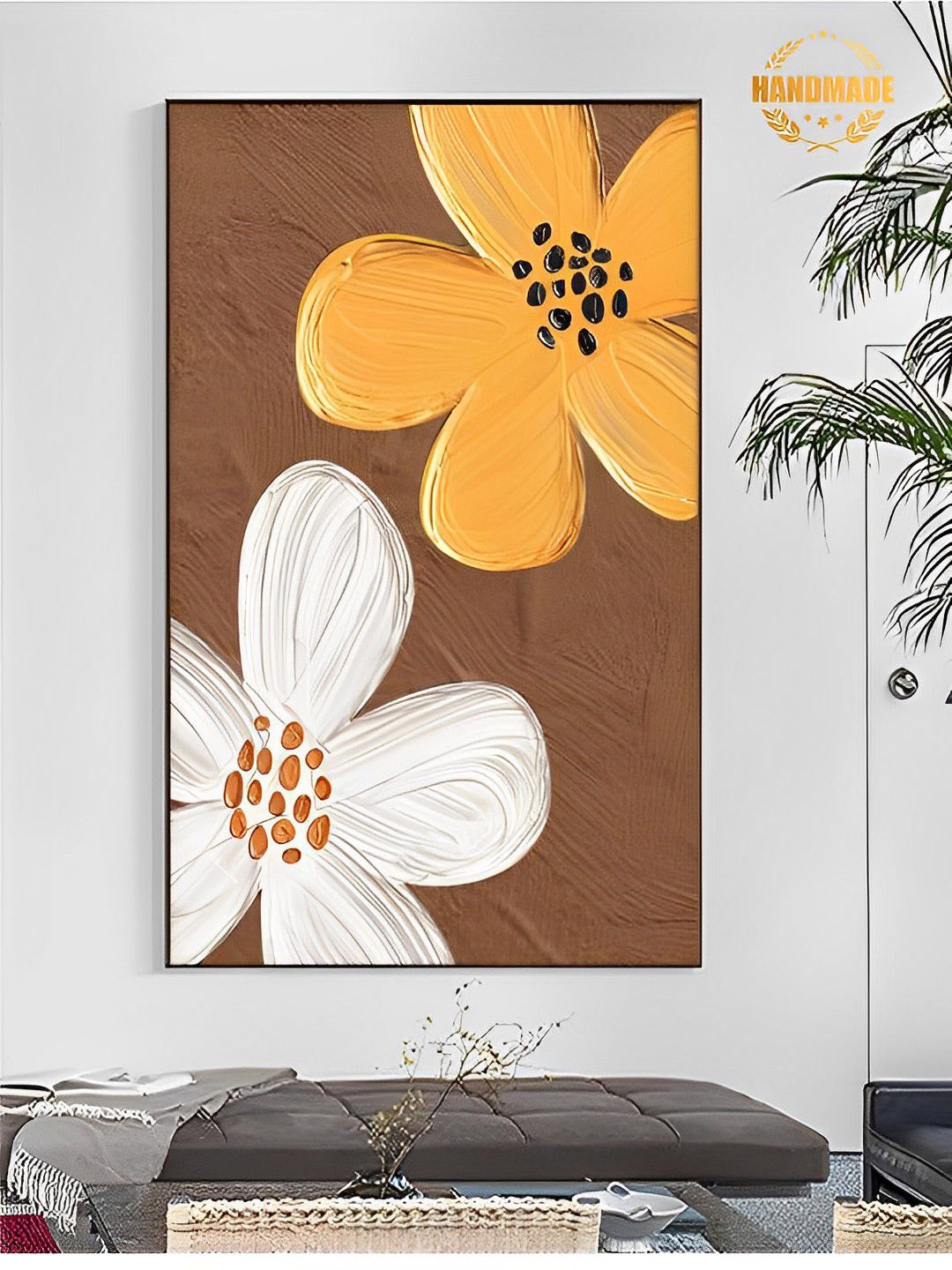 

THE HANDMADE FLAIR Brown Floral Design Framed Painting Wall Art
