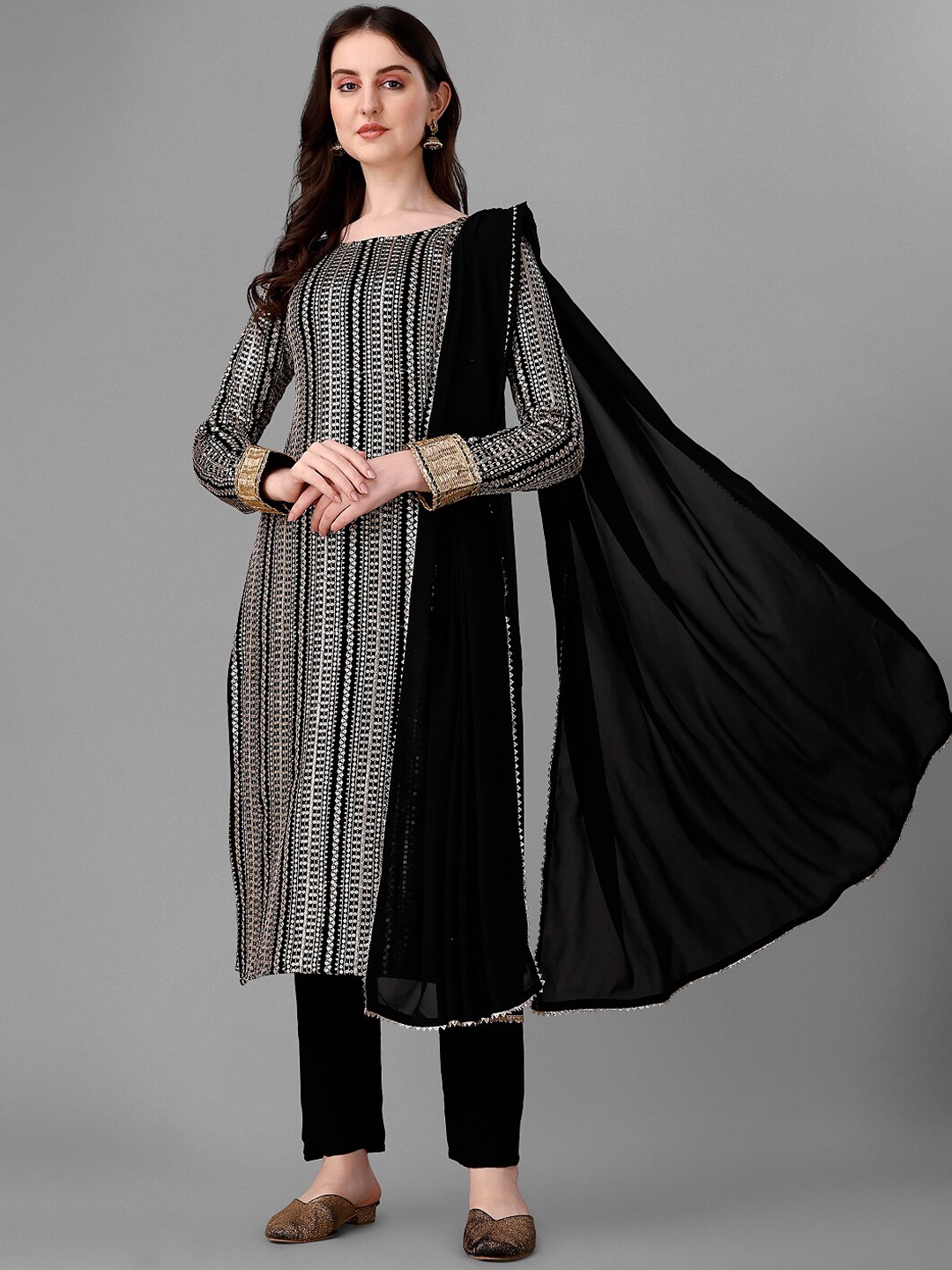 

JATRIQQ Ethnic Motifs Embroidered Zari Sequinned Kurta with Trousers & Dupatta, Black