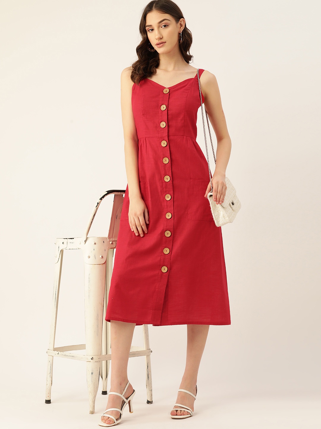 

DressBerry A-Line Cotton Midi Dress, Red
