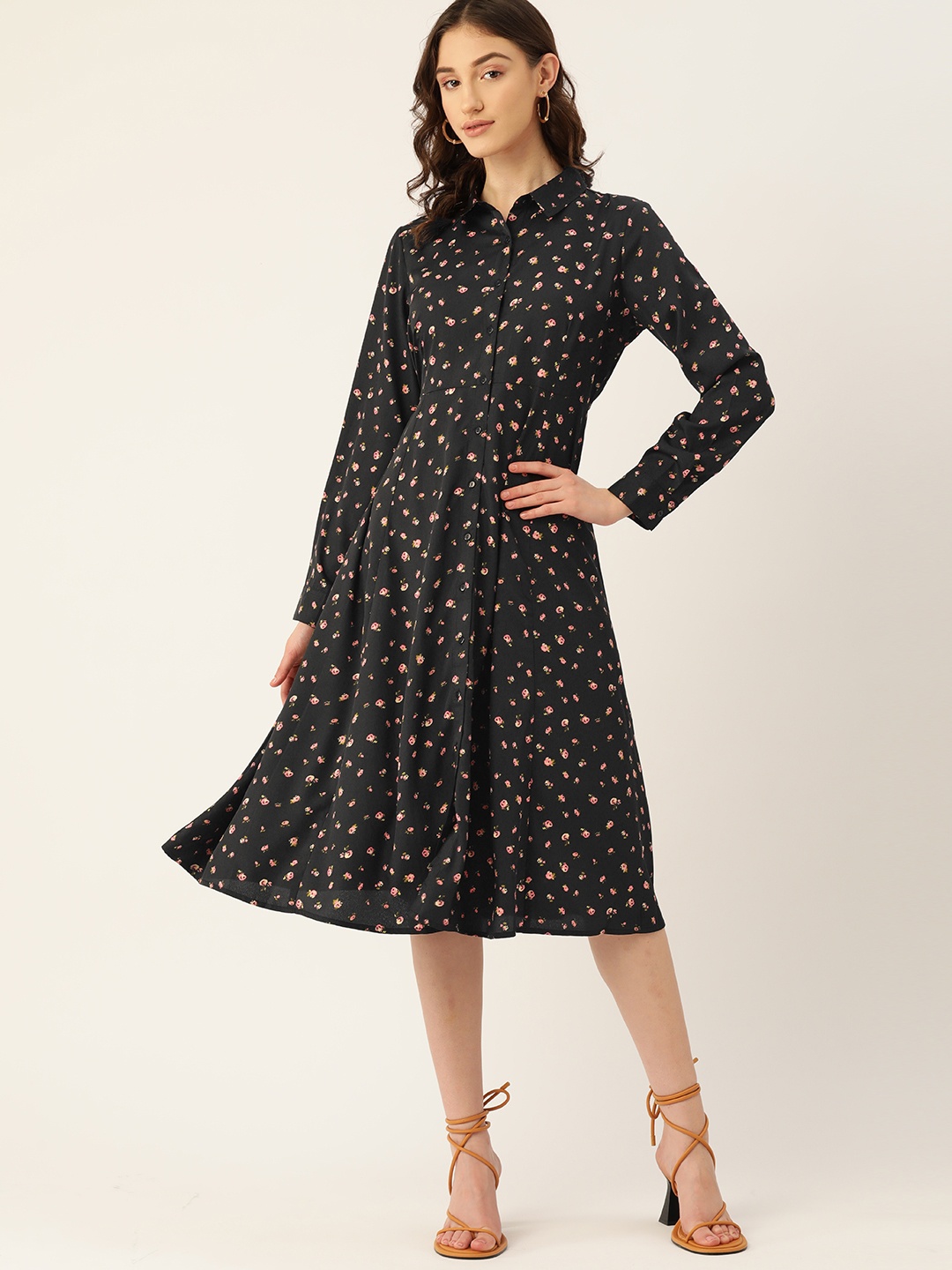 

DressBerry Floral Print Shirt Midi Dress, Black