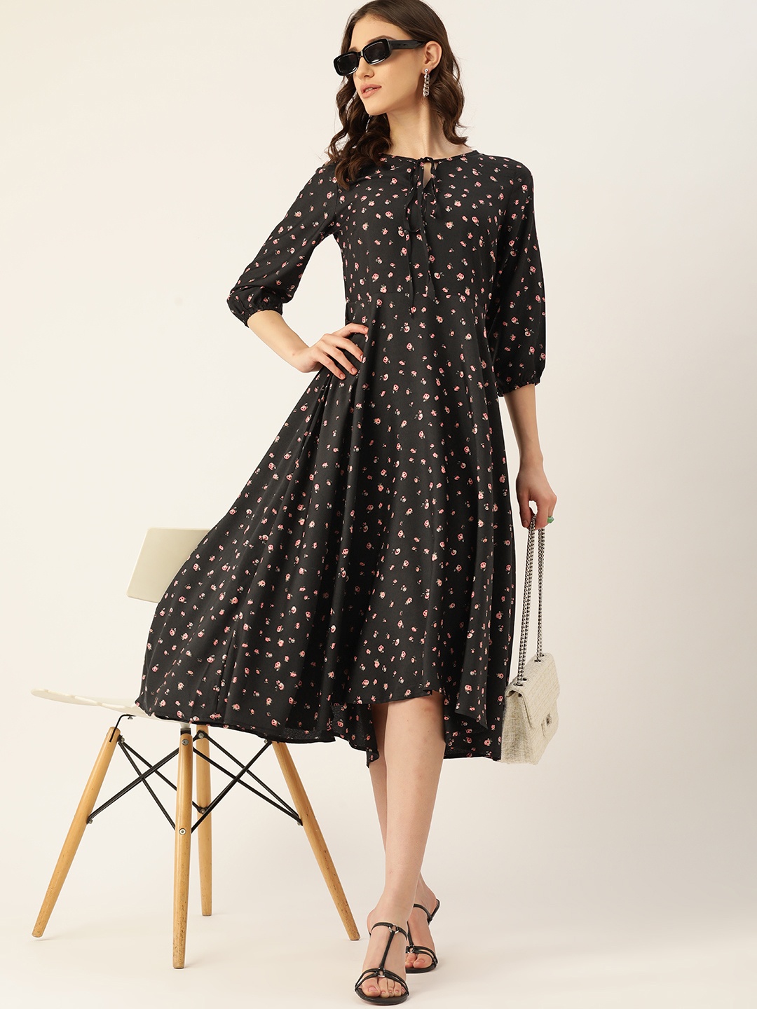 

DressBerry Floral Print Tie-Up Neck Puff Sleeve A-Line Maxi Dress, Black