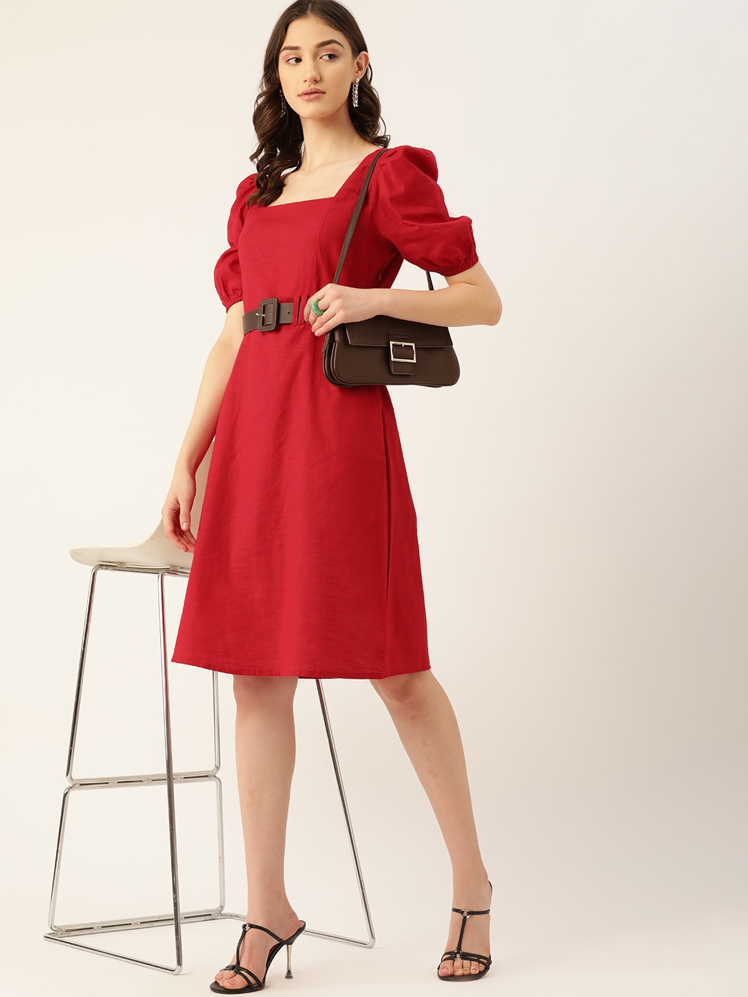 

DressBerry Puff Sleeve A-Line Cotton Midi Dress, Red