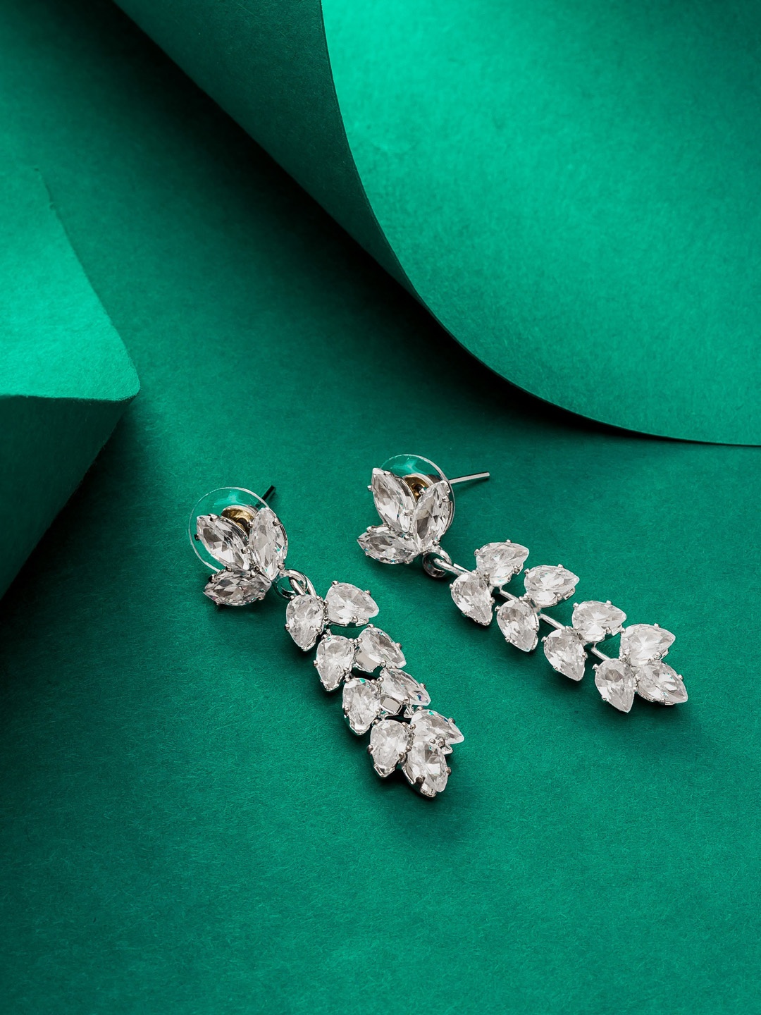 

aadita Silver Plated Geometric Stone Studded Drop Earrings, White