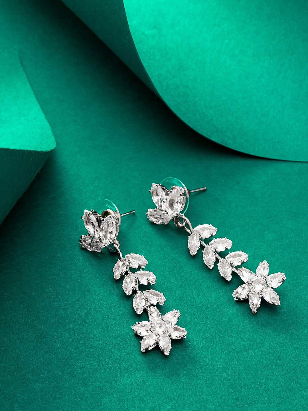 

aadita Silver Plated Geometric Stone Studded Drop Earrings, White