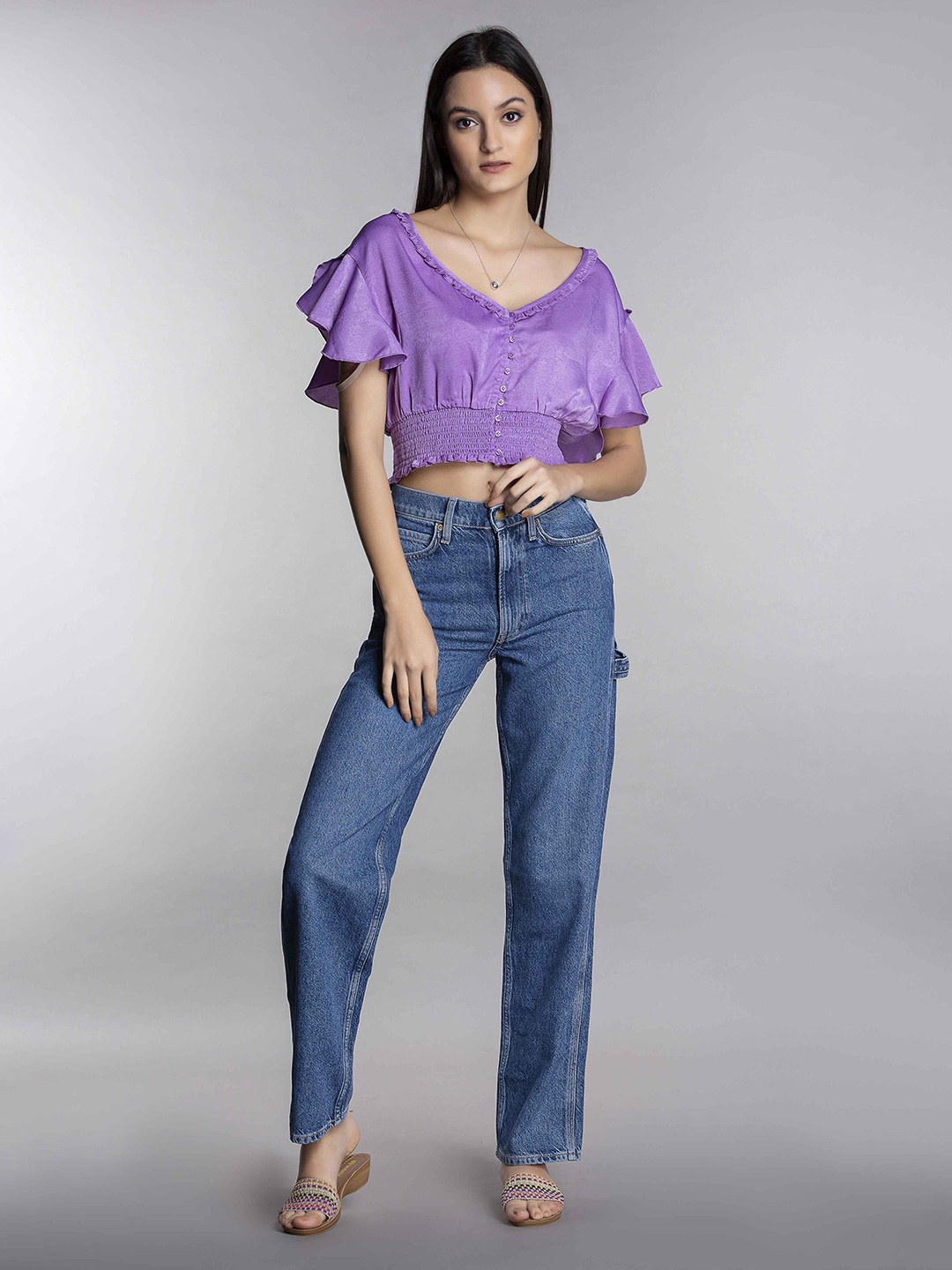 

MKOAL V-Neck Flutter Sleeve Smocked Satin Crop Top, Purple