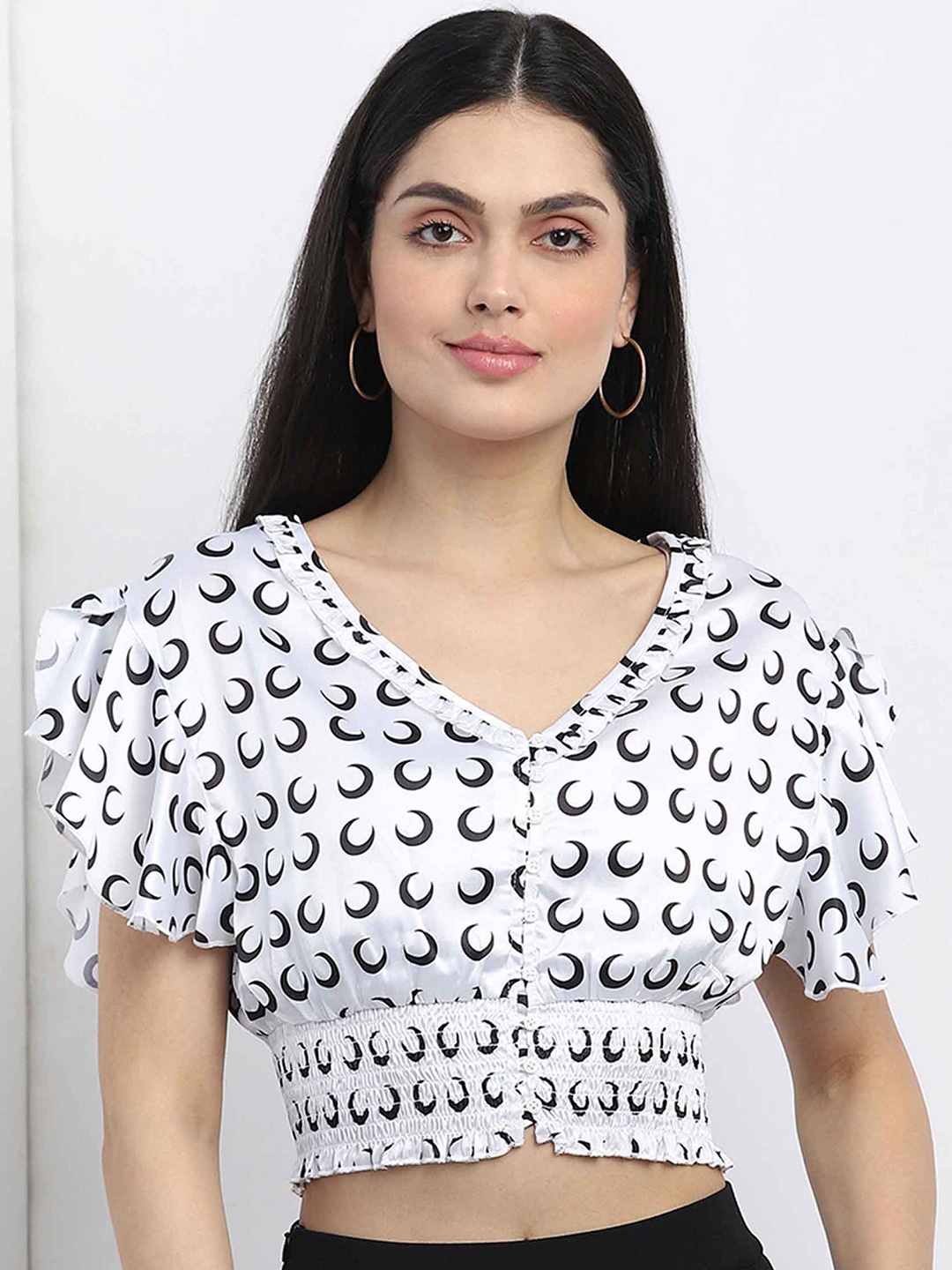 

MKOAL Floral Print Flutter Sleeve Satin Crop Top, White