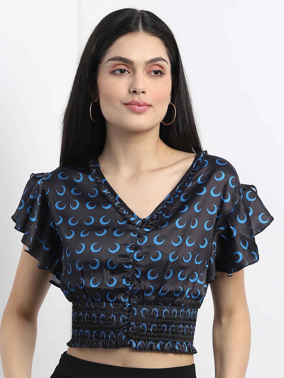 

MKOAL Conversational Printed Smocked Flutter Sleeves Satin Crop Top, Black
