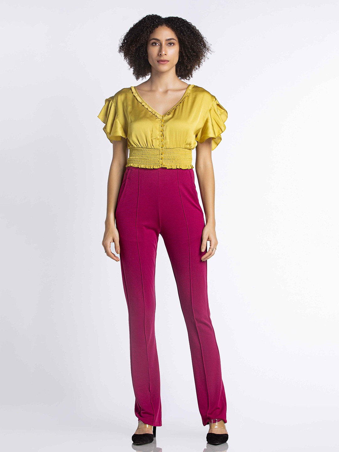

MKOAL V-Neck Flutter Sleeve Smocked Satin Crop Top, Lime green