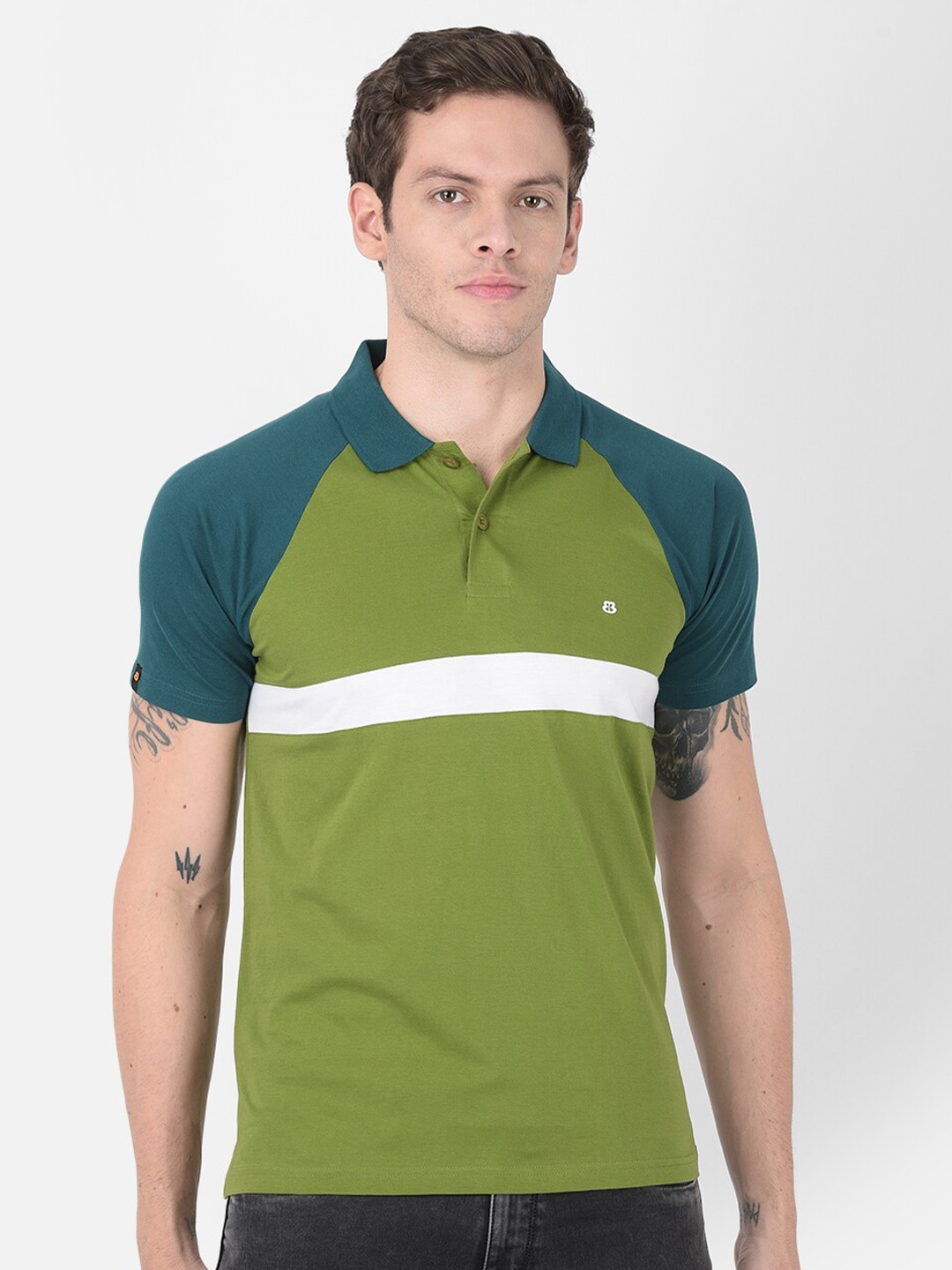 

berry blues Striped Polo Collar Raglan Sleeves Cotton T-shirt, Olive