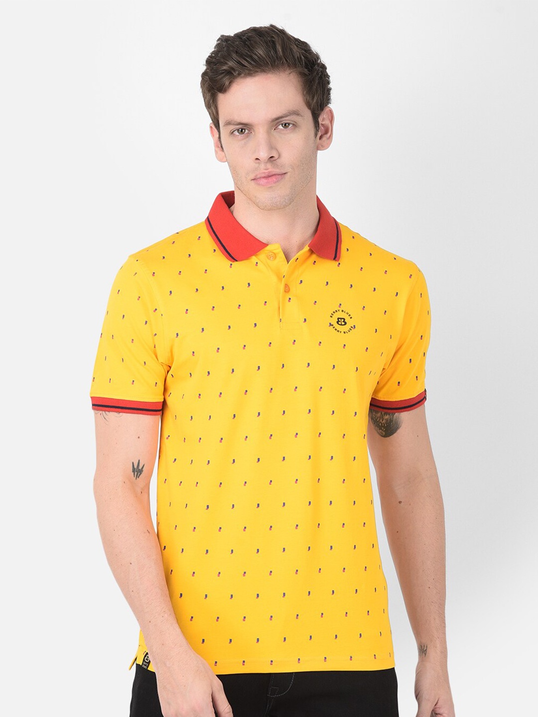 

berry blues Micro Ditsy Printed Polo Collar Cotton T-shirt, Yellow