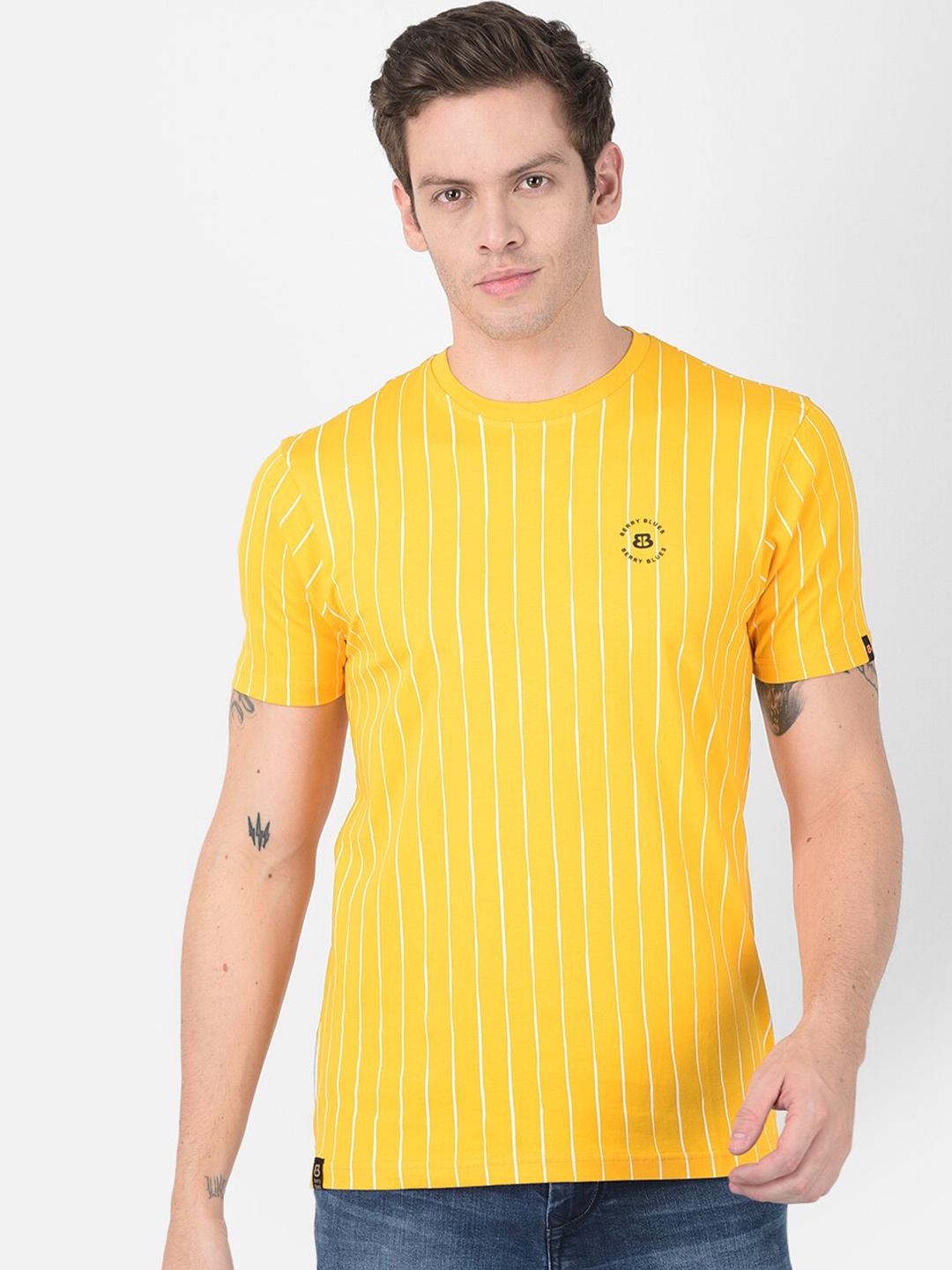 

berry blues Stripes Printed Knitted Cotton T-Shirt, Yellow