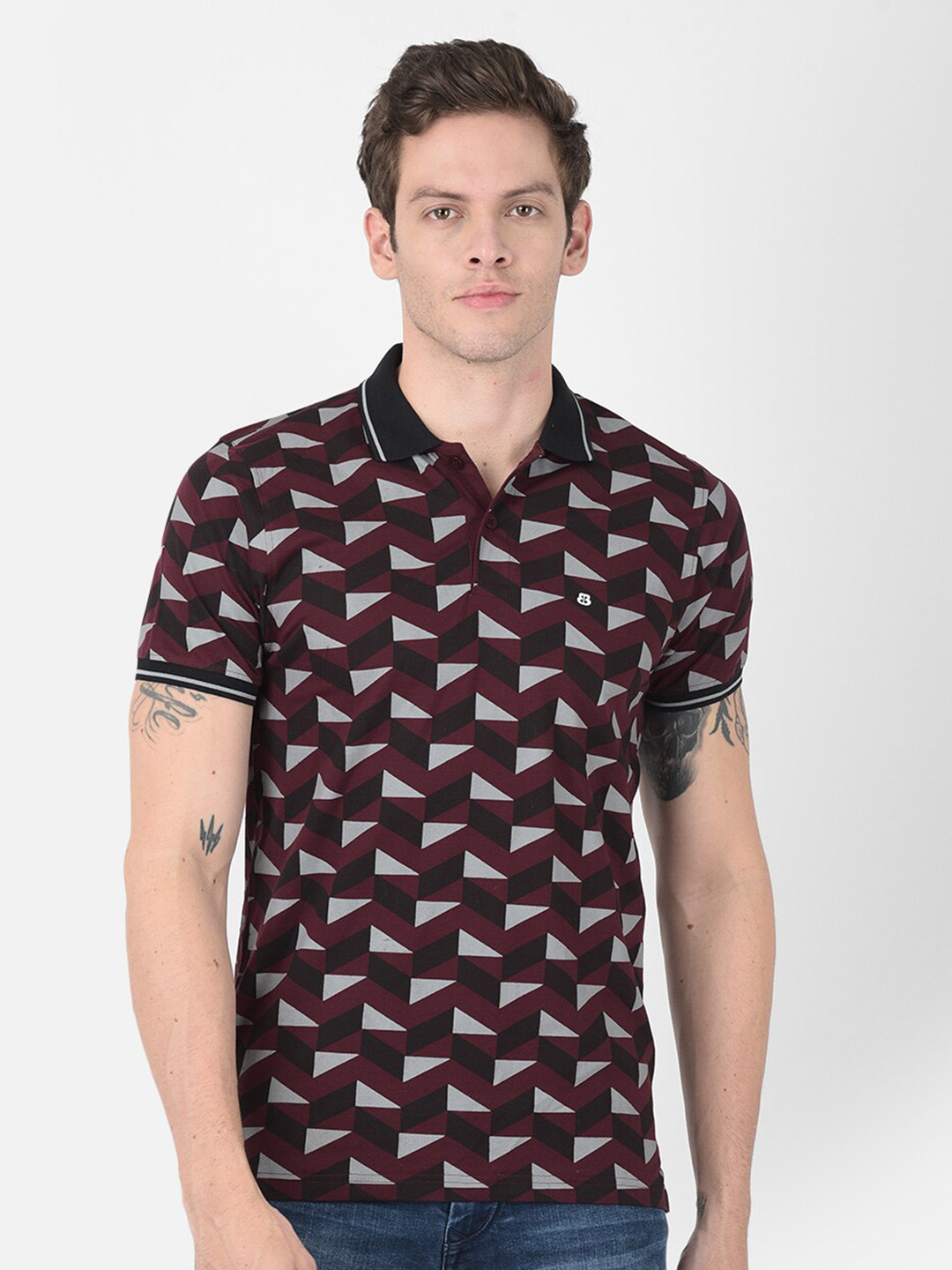 

berry blues Geometric Printed Polo Collar Cotton T-Shirt, Maroon