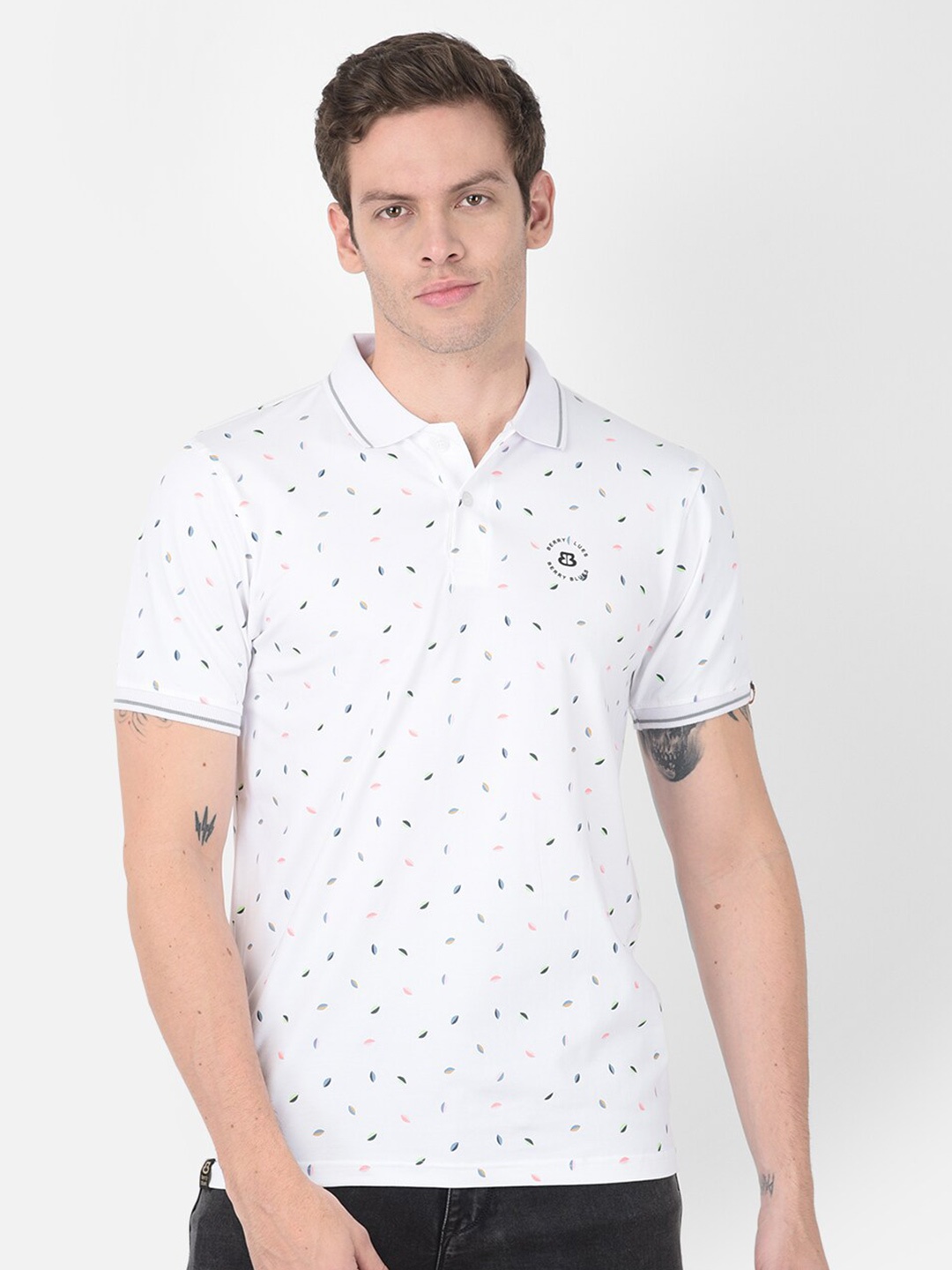 

berry blues Conversational Printed Polo Collar Cotton T-shirt, White