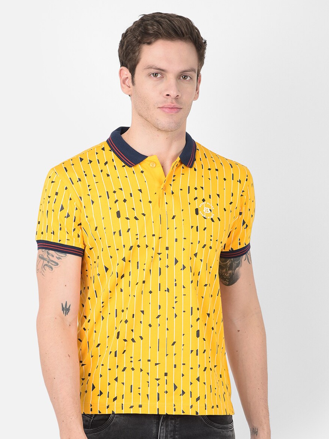 

berry blues Conversational Printed Polo Collar Cotton T-shirt, Yellow