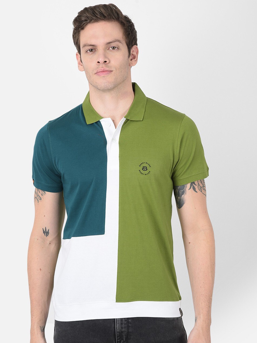 

berry blues Colourblocked Polo Cotton T-shirt, Green