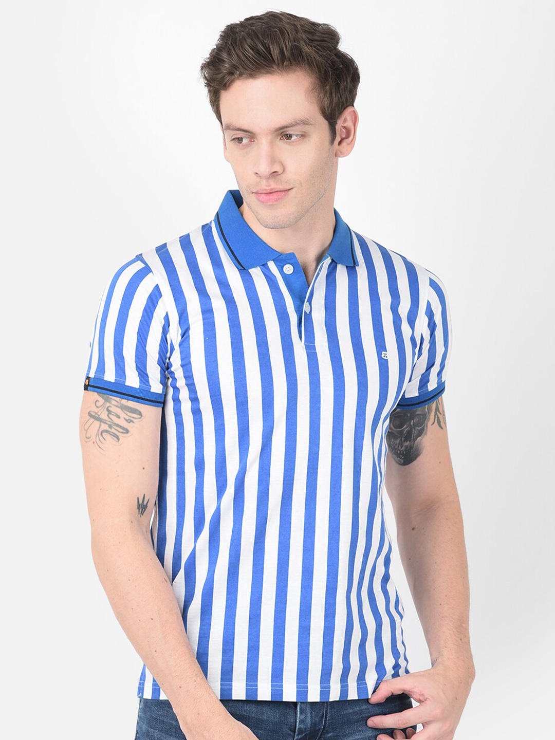 

berry blues Striped Polo Collar Cotton T-shirt, White