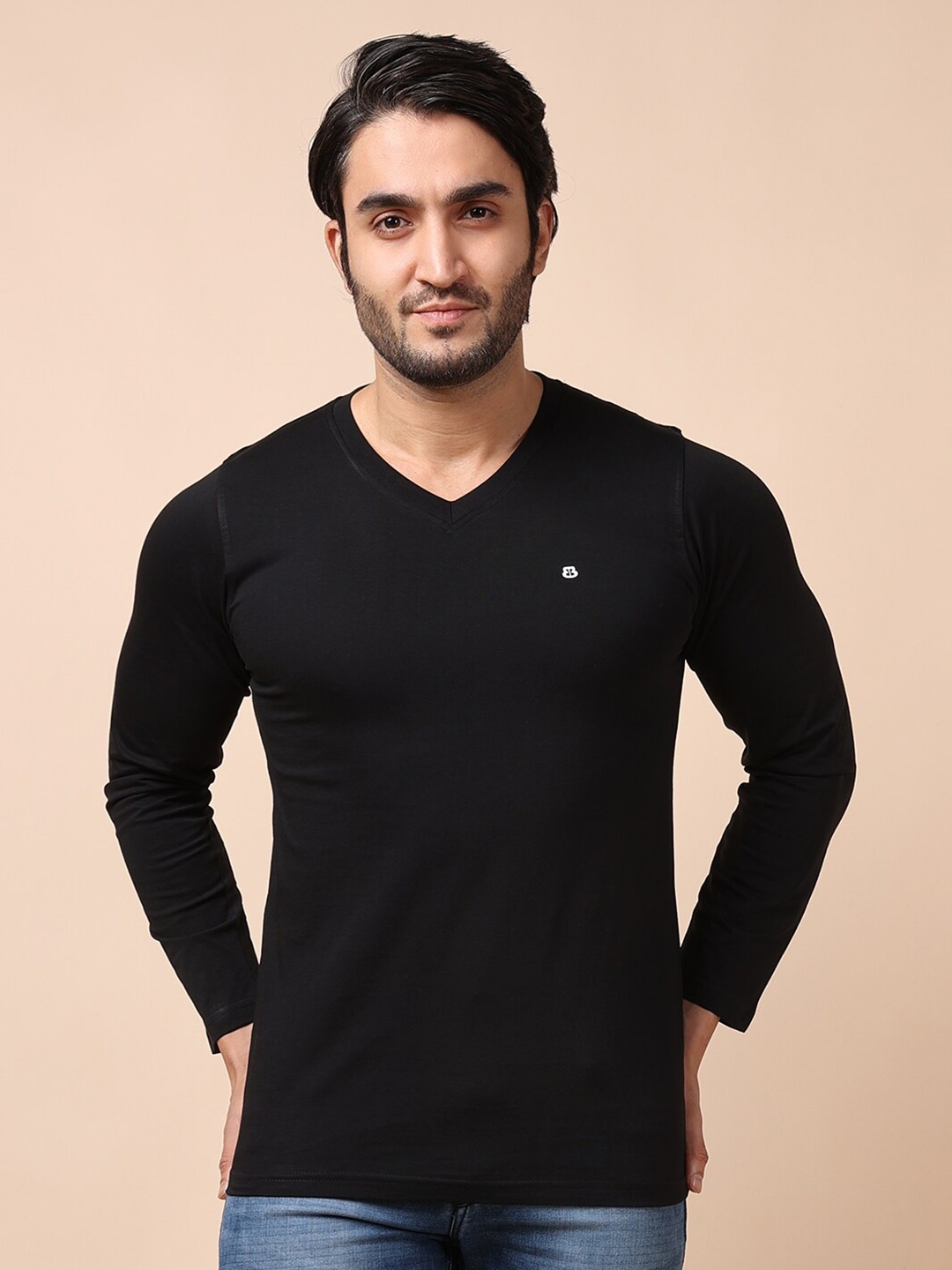 

berry blues V-Neck Long Sleeves Cotton T-shirt, Black