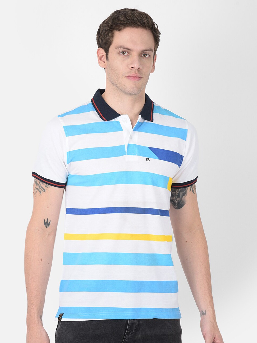 

berry blues Striped Polo Collar Cotton T-shirt, White