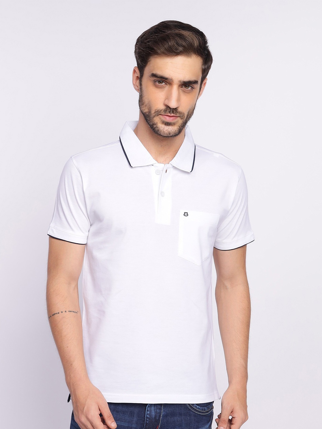 

berry blues Polo Collar Cotton T-shirt, White