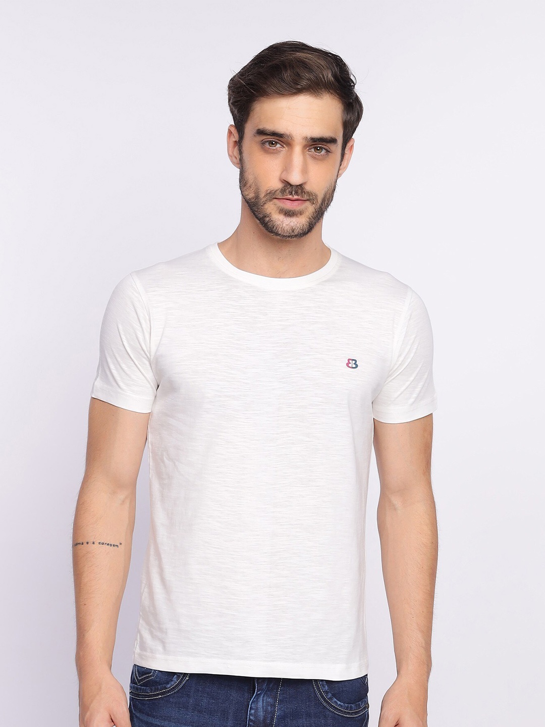 

berry blues Round Neck Short Sleeves Cotton T-shirt, Off white