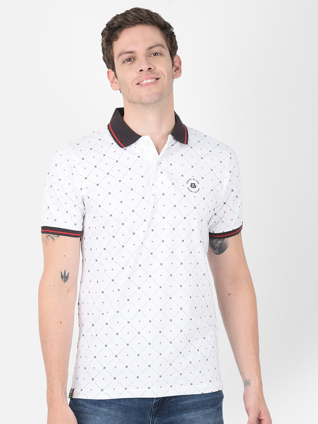 

berry blues Geometric Printed Polo Collar Cotton T-shirt, White