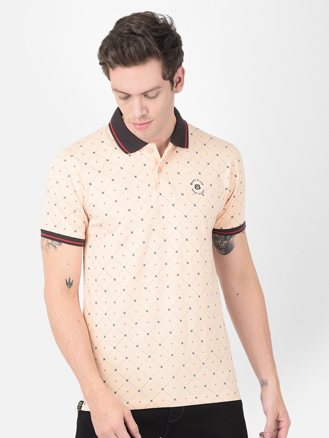 

berry blues Geometric Printed Polo Collar Cotton T-shirt, Peach