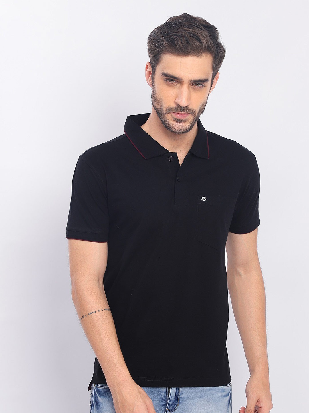 

berry blues Polo Collar Cotton T-shirt, Black