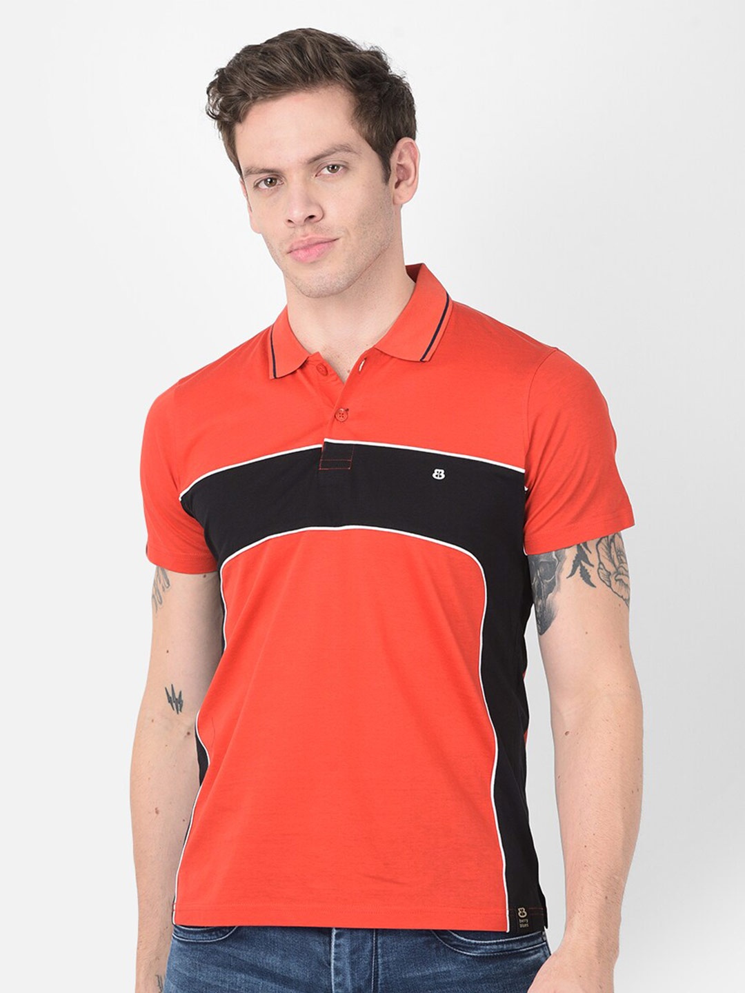 

berry blues Colourblocked Polo Collar Cotton T-shirt, Orange