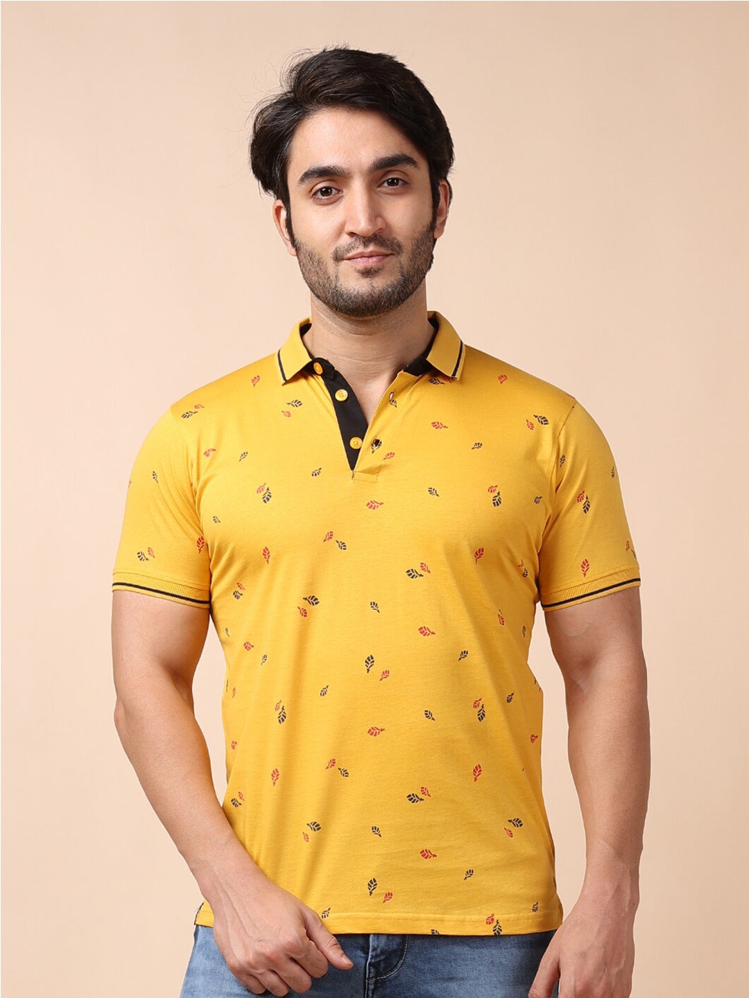 

berry blues Conversational Printed Polo Collar T-shirt, Mustard