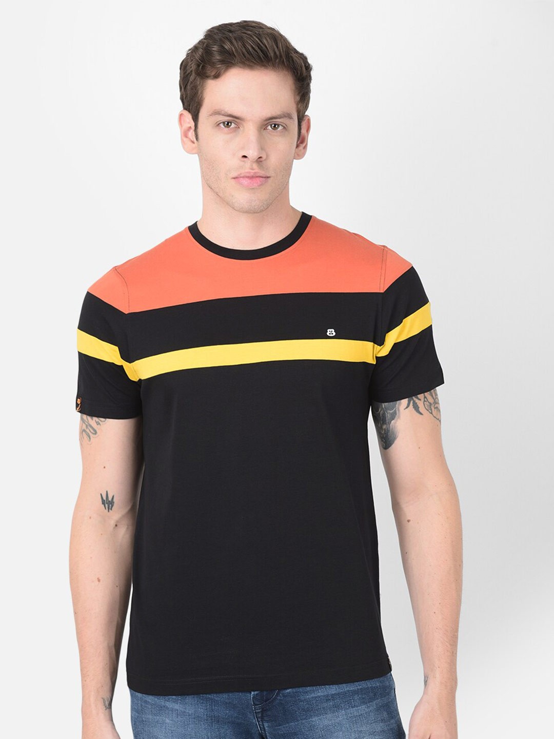 

berry blues Striped Round Neck Cotton T-shirt, Black