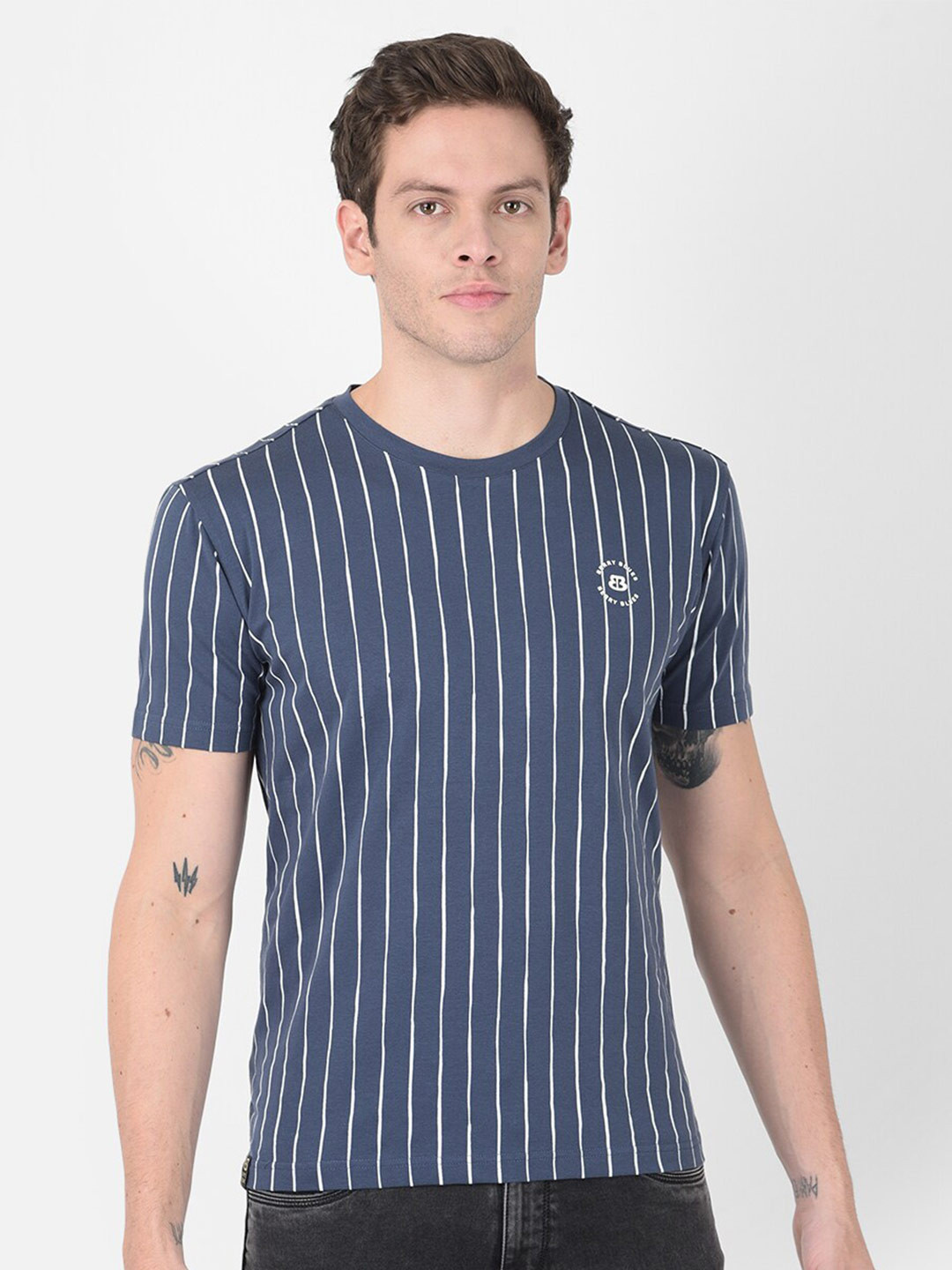 

berry blues Striped Round Neck Cotton T-shirt, Blue