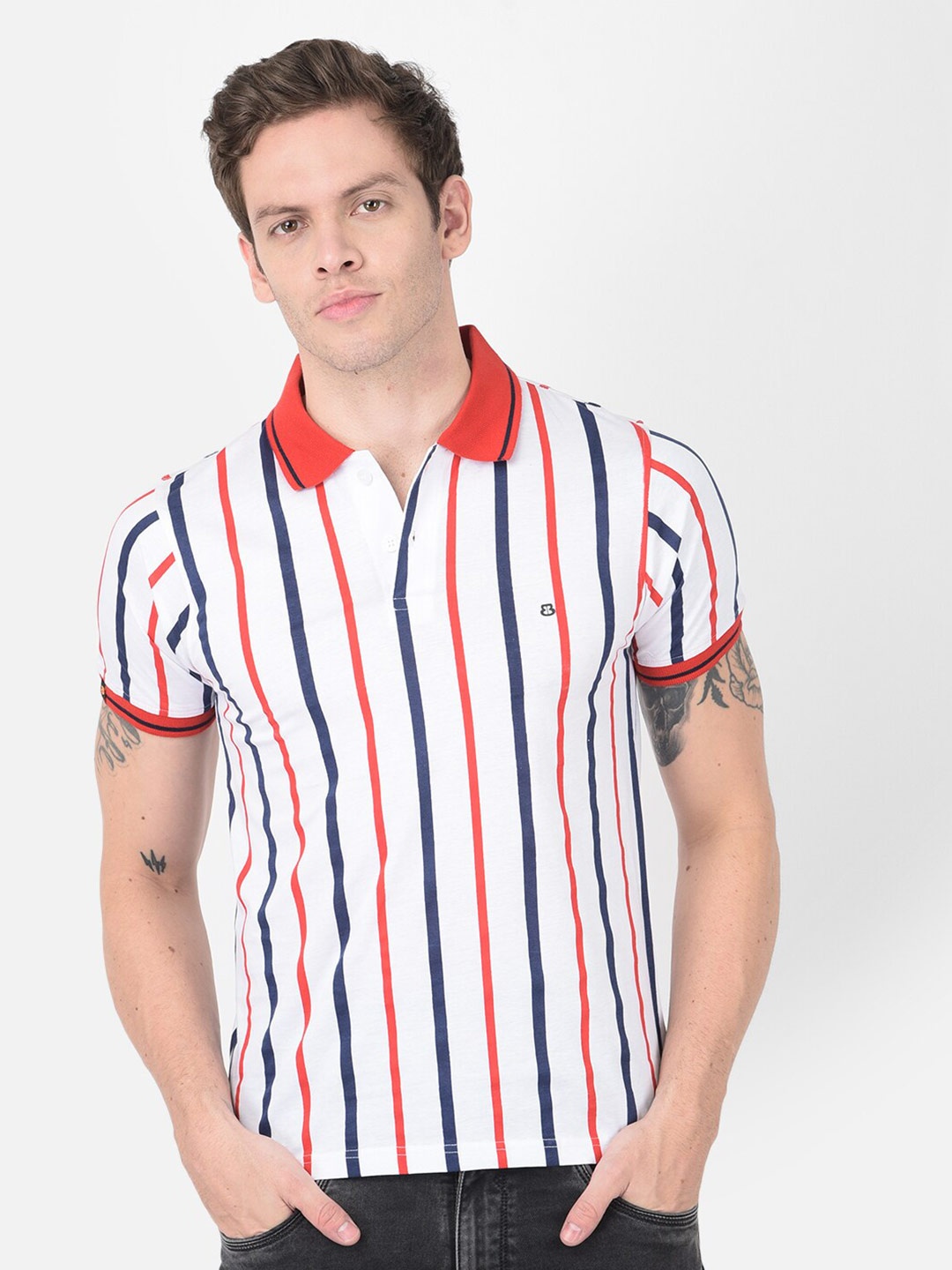 

berry blues Striped Polo Collar T-shirt, White