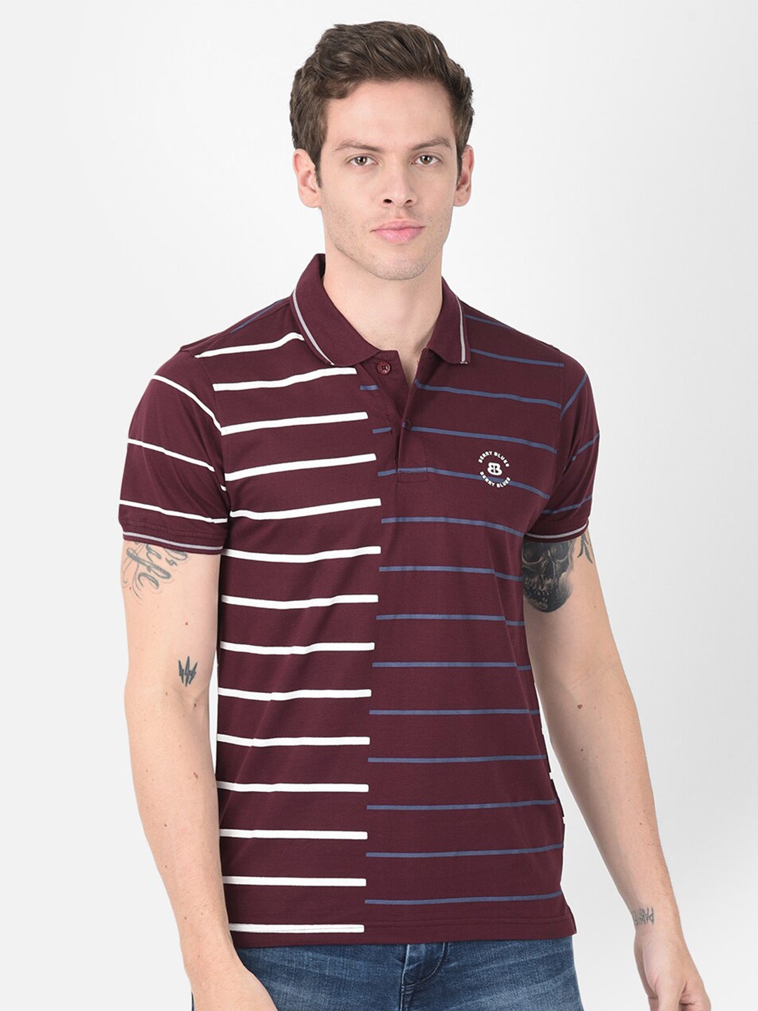 

berry blues Striped Polo Collar Cotton T-shirt, Maroon