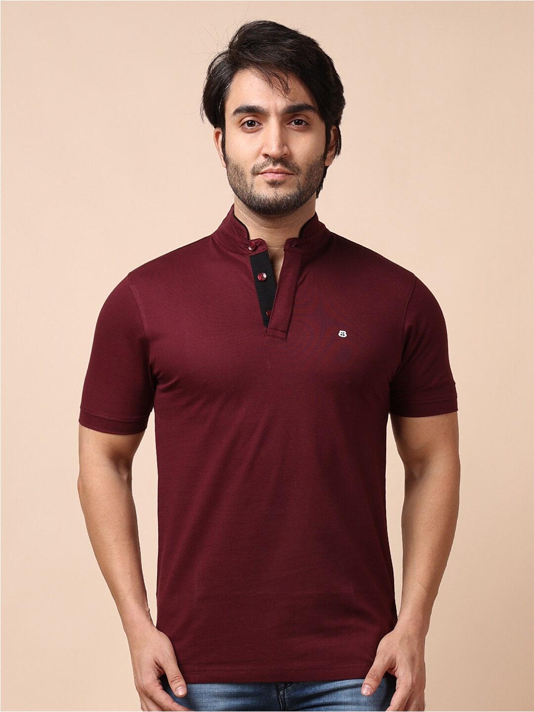 

berry blues Mandarin Collar Short Sleeves Cotton T-shirt, Maroon