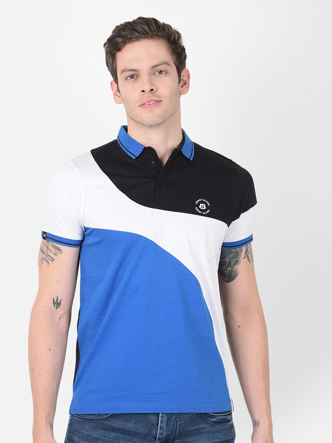 

berry blues Colourblocked Short Sleeves Cotton T-shirt, Black